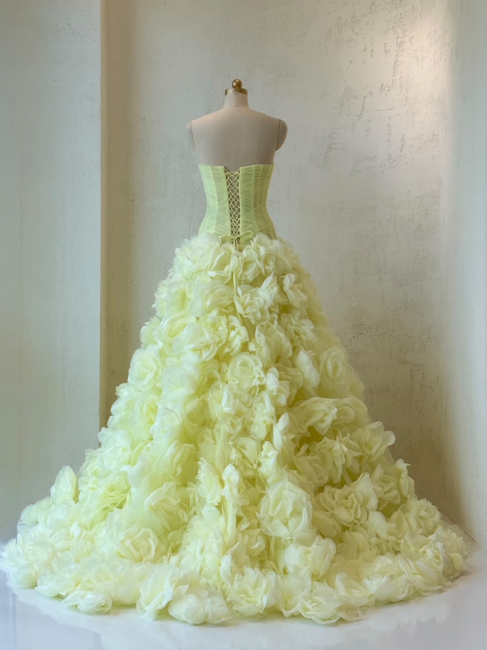 Yellow A-Line gown with tulle, embroidered flowers and no sleeves