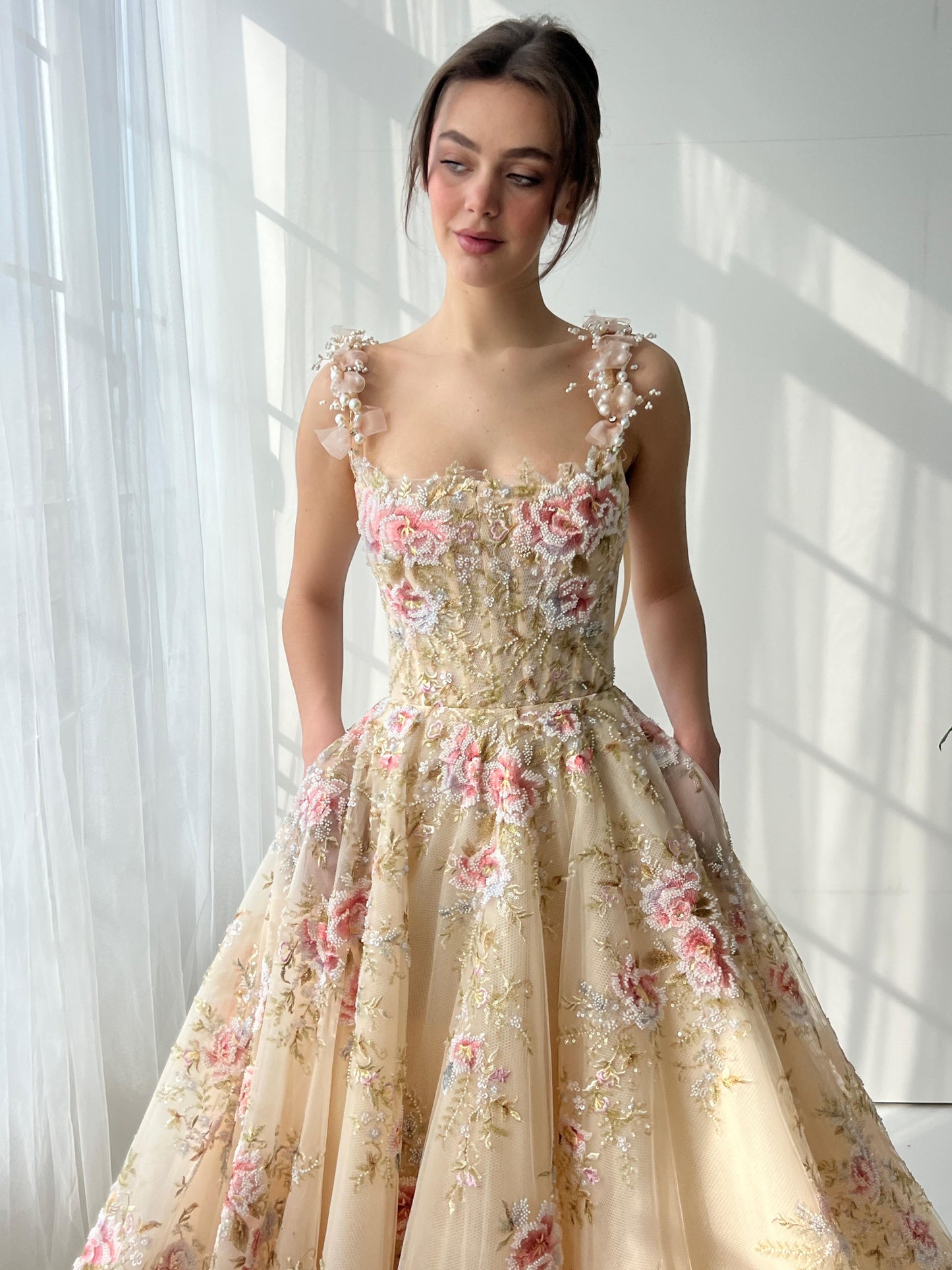 Beige A-Line dress with straps and embroidery