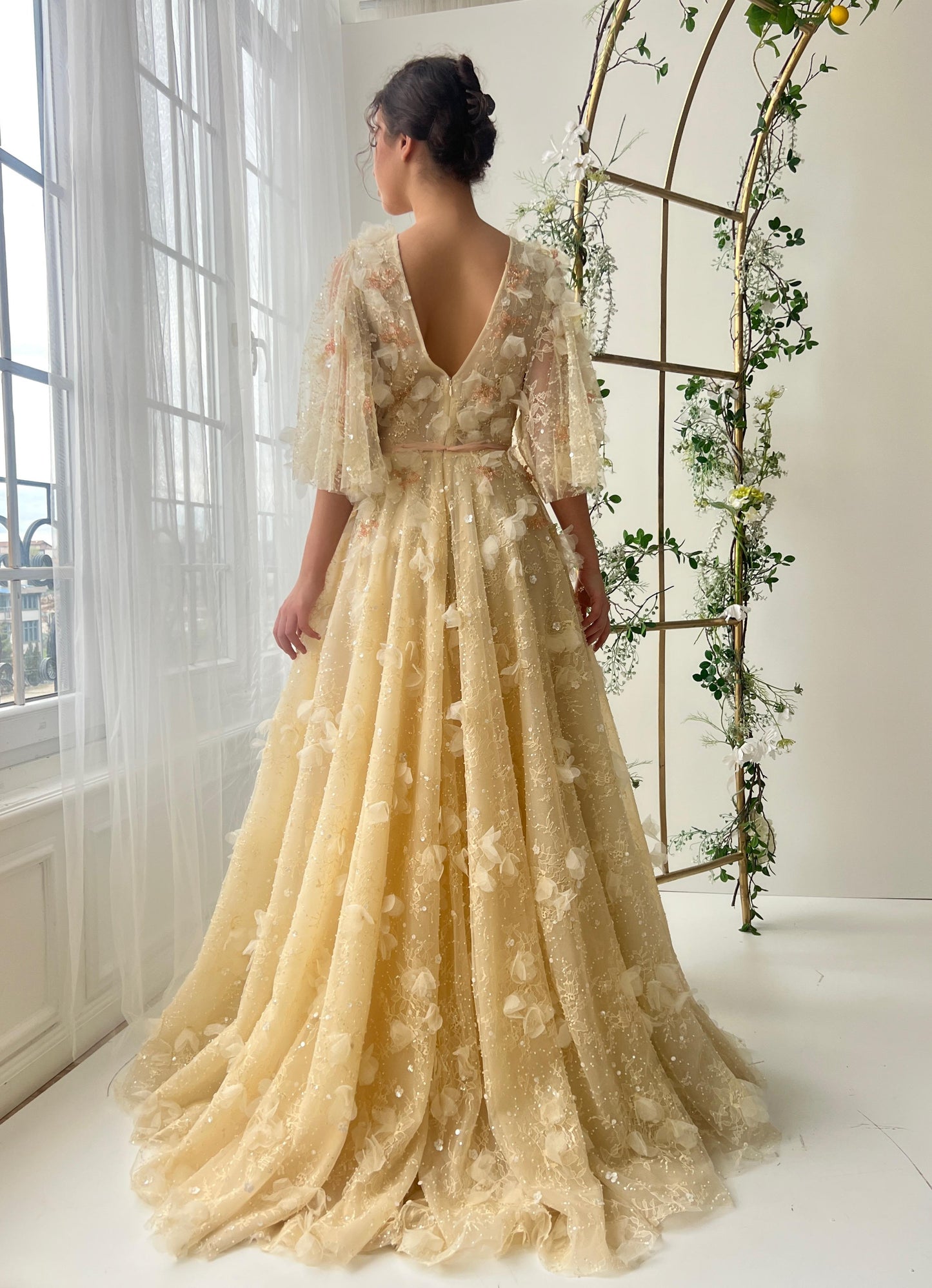 Beige A-Line dress with embroidery, v-neck and short sleeves