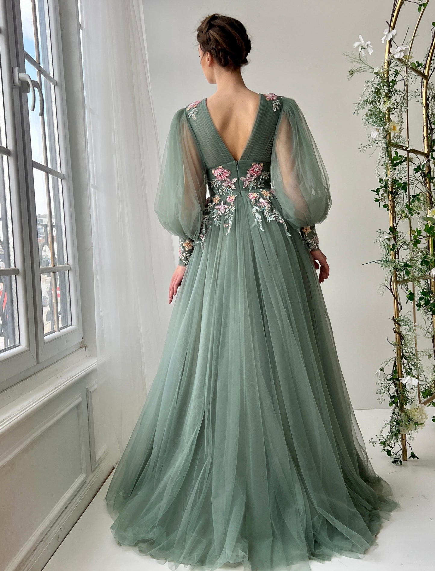 Green A-Line dress with v-neck, long sleeves and embroidery