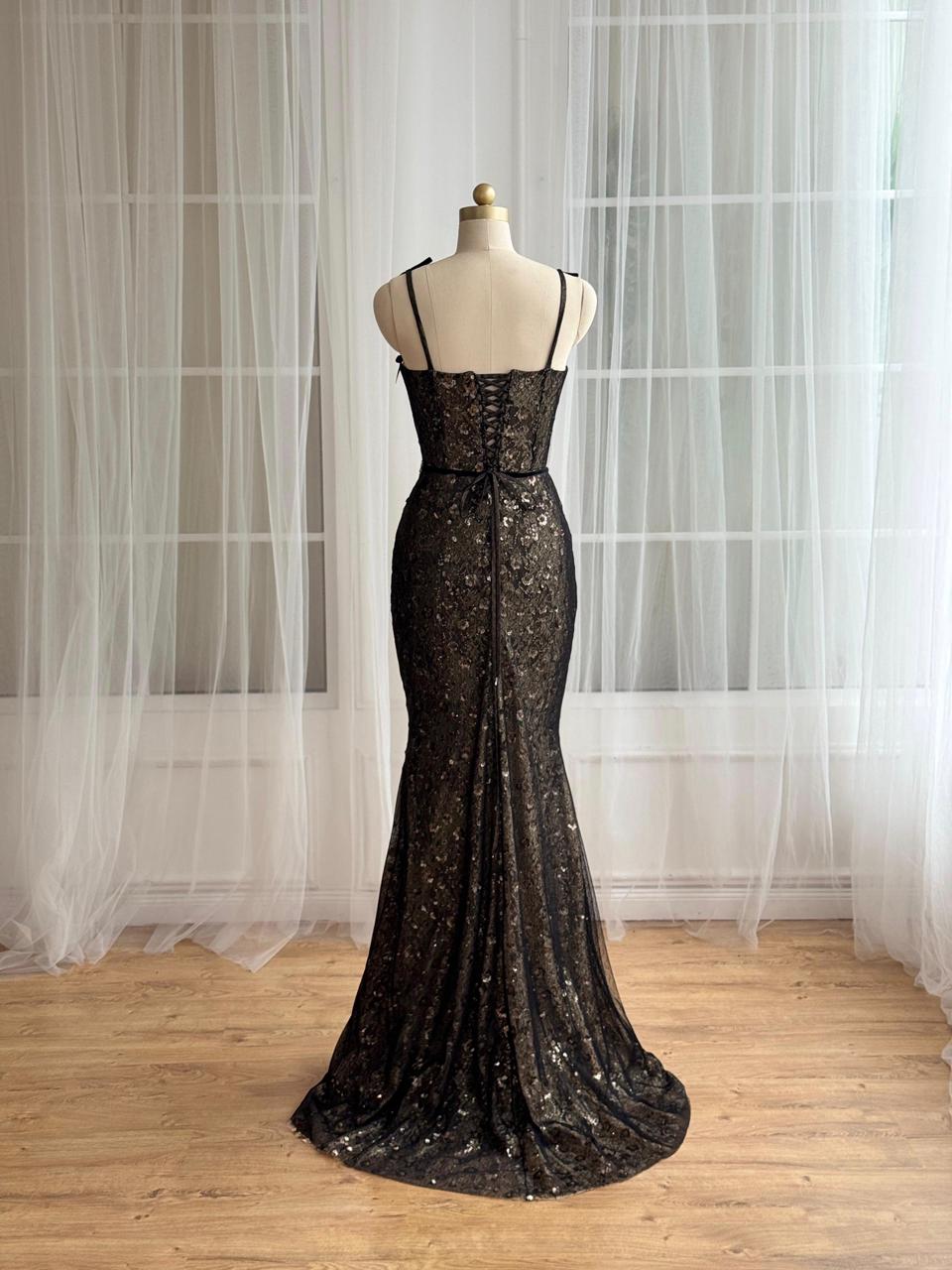 Black mermaid dress with embroidery, bows and spaghetti straps
