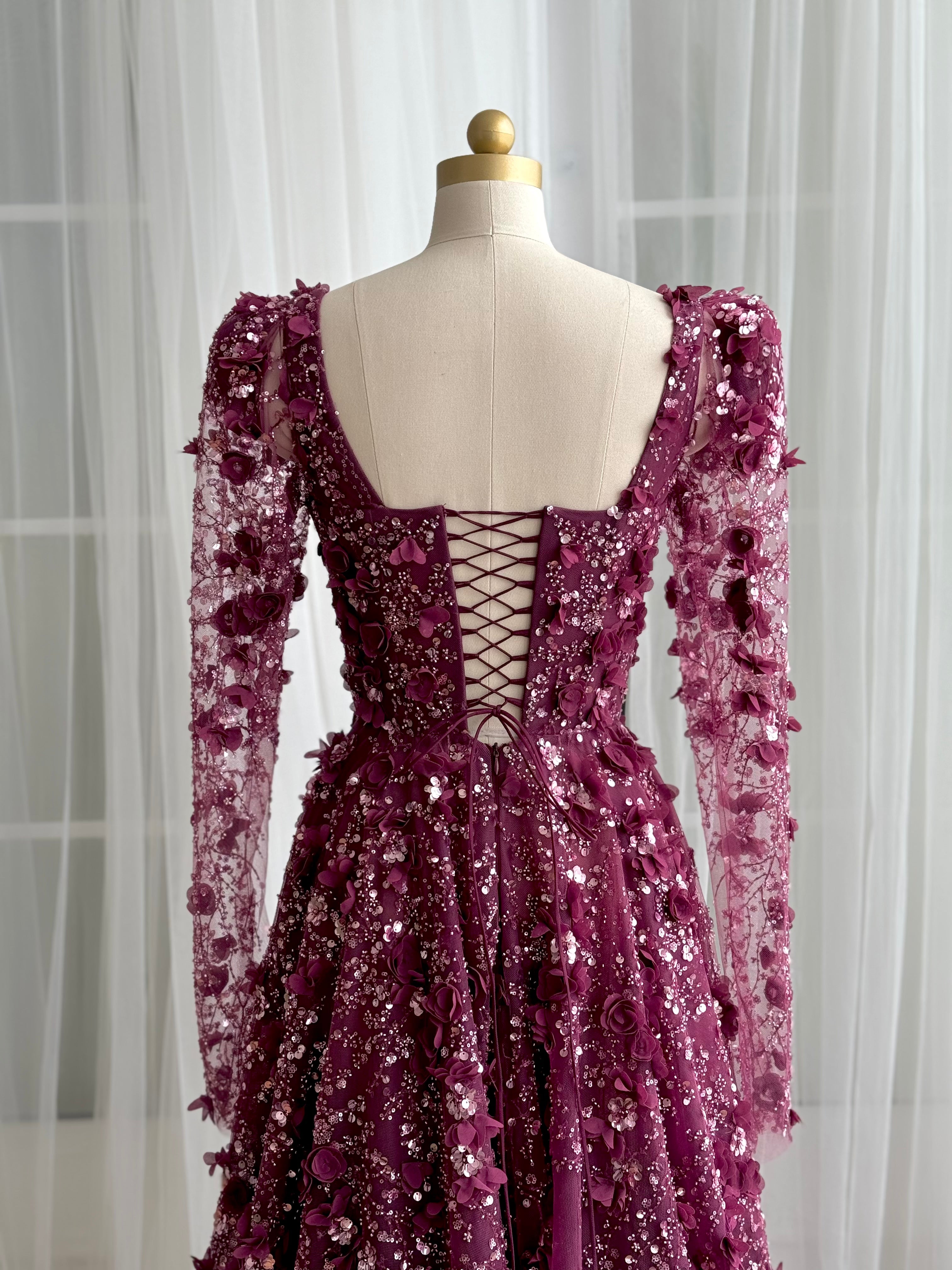Purple A-Line dress with long sleeves and embroidery