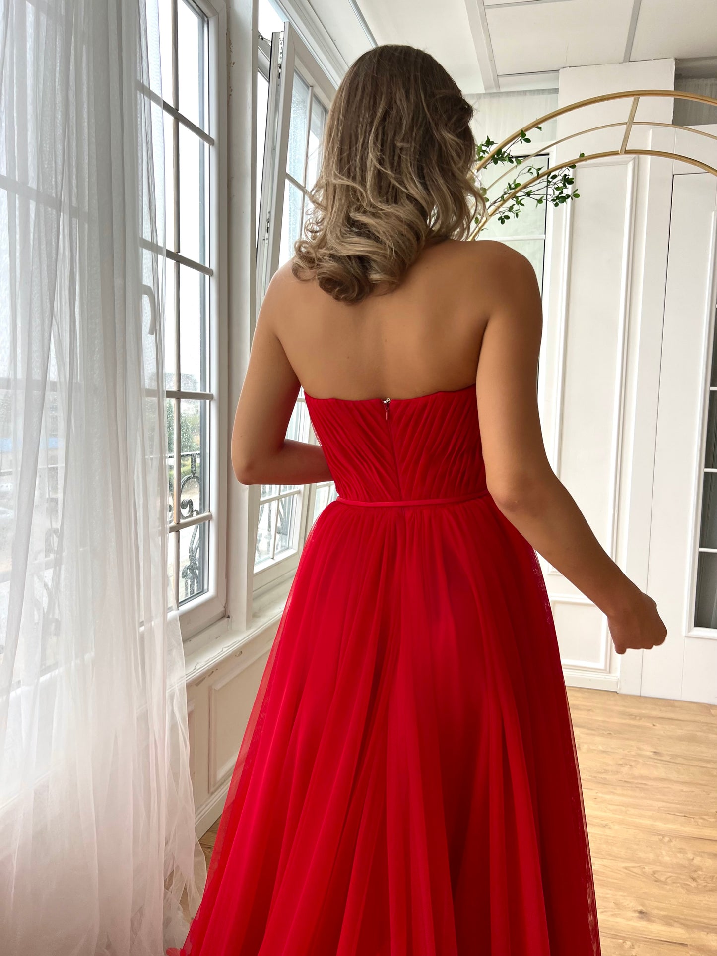 Red A-Line dress with embroidery and no sleeves