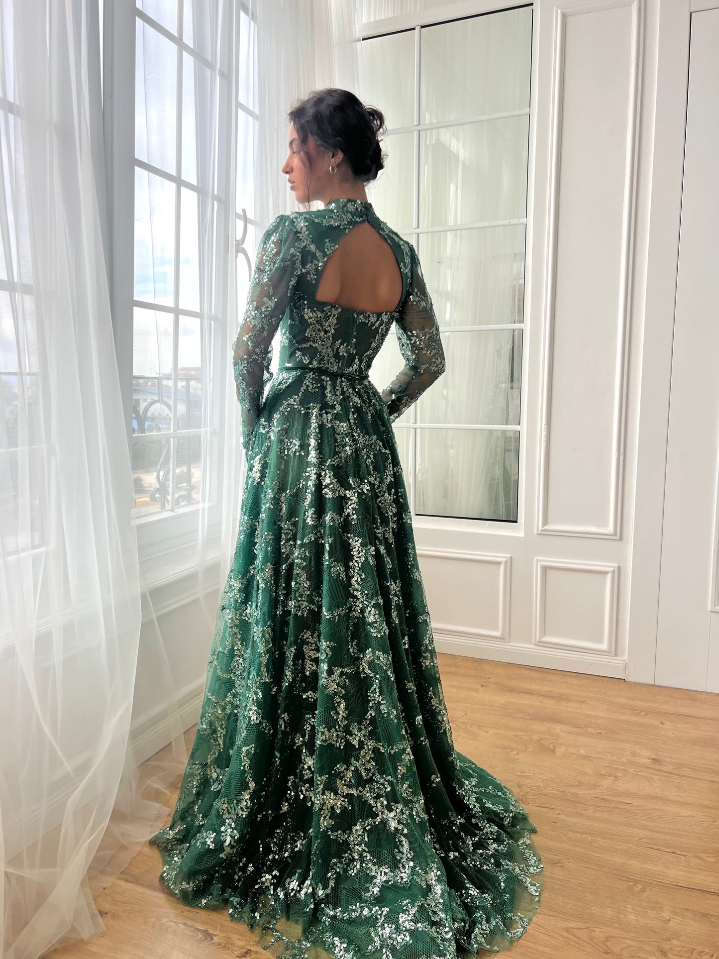 Green A-Line dress with long sleeves, sequins and embroidery