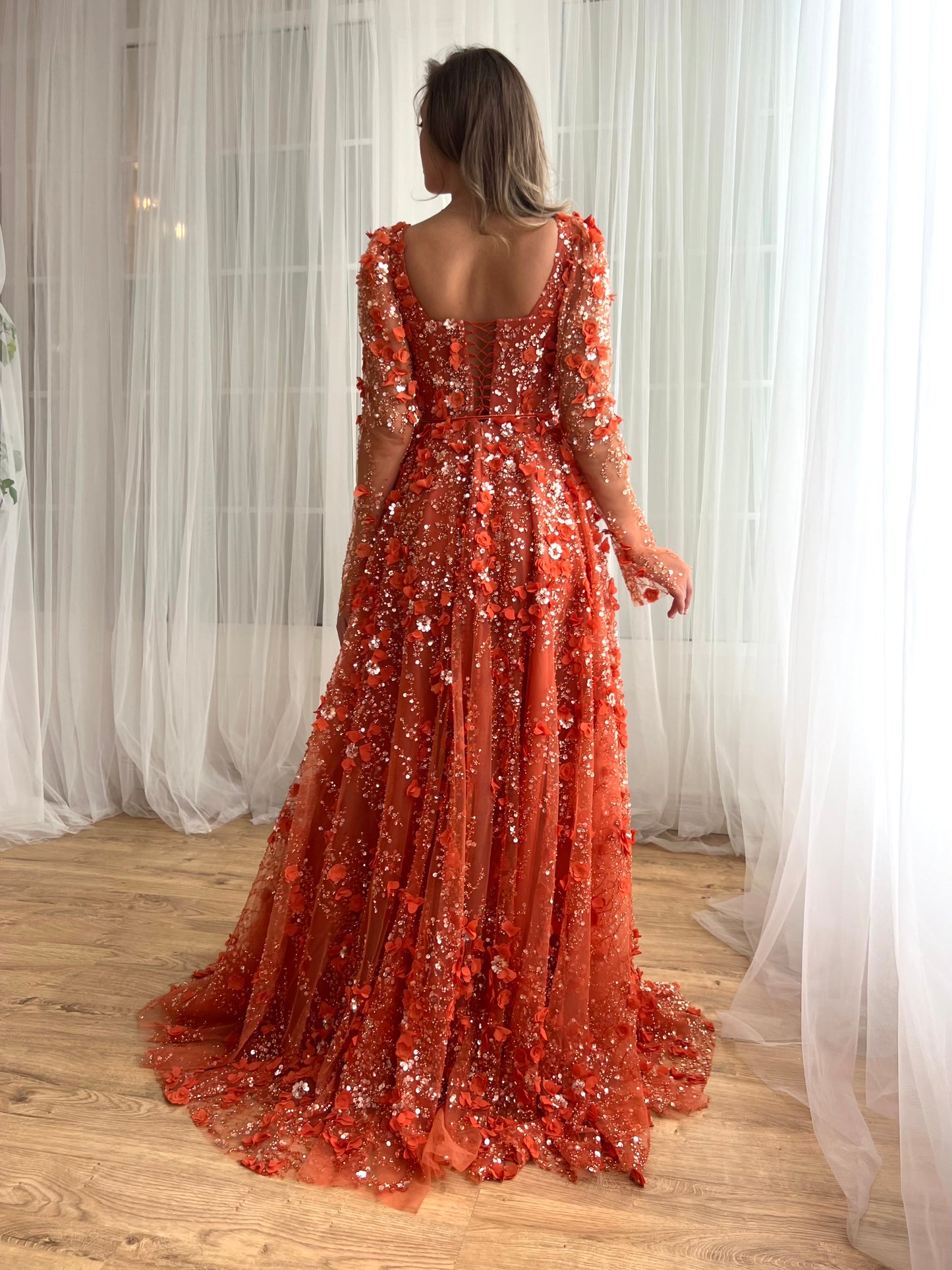 Orange A-Line dress with long sleeves and embroidery