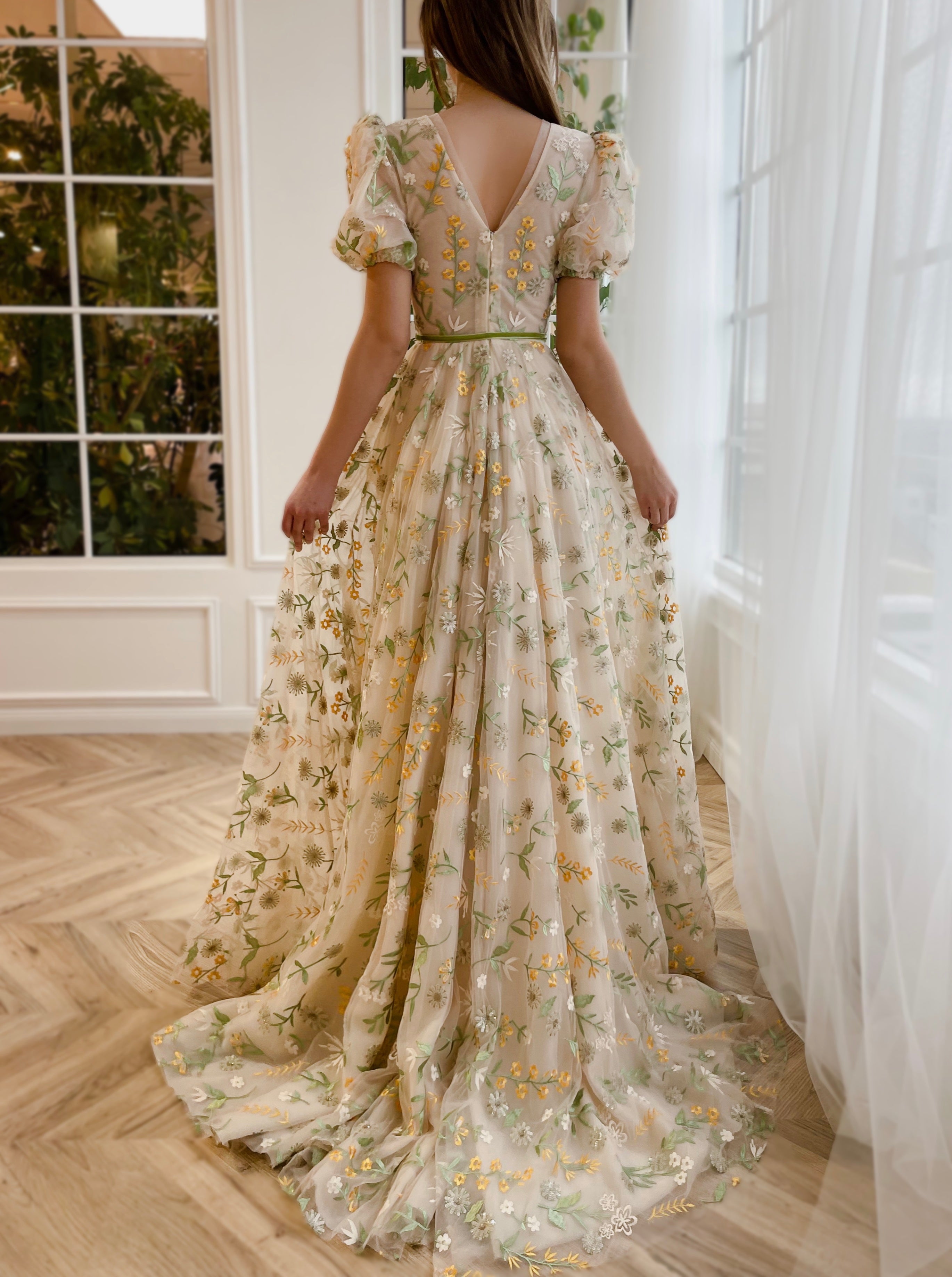 Beige A-Line dress with short sleeves, v-neck, lace and flowers