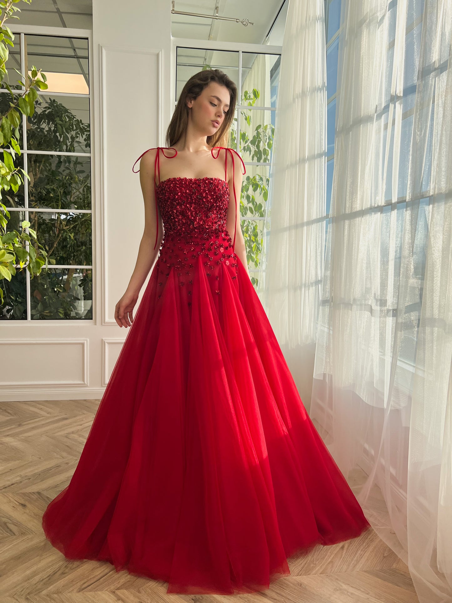 Red A-Line dress with embroidery and spaghetti straps