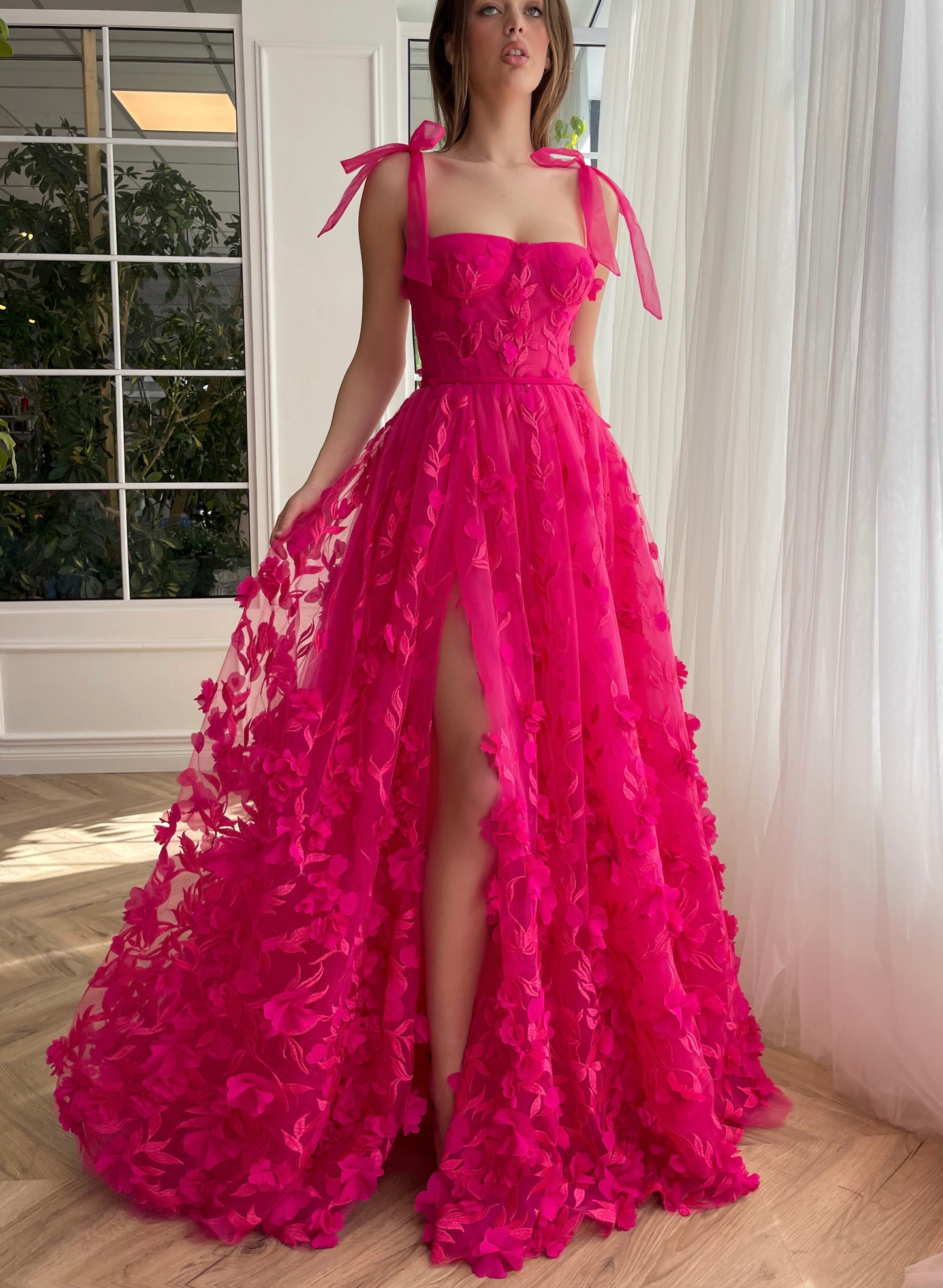 Pink A-Line dress with embroidery and bow straps