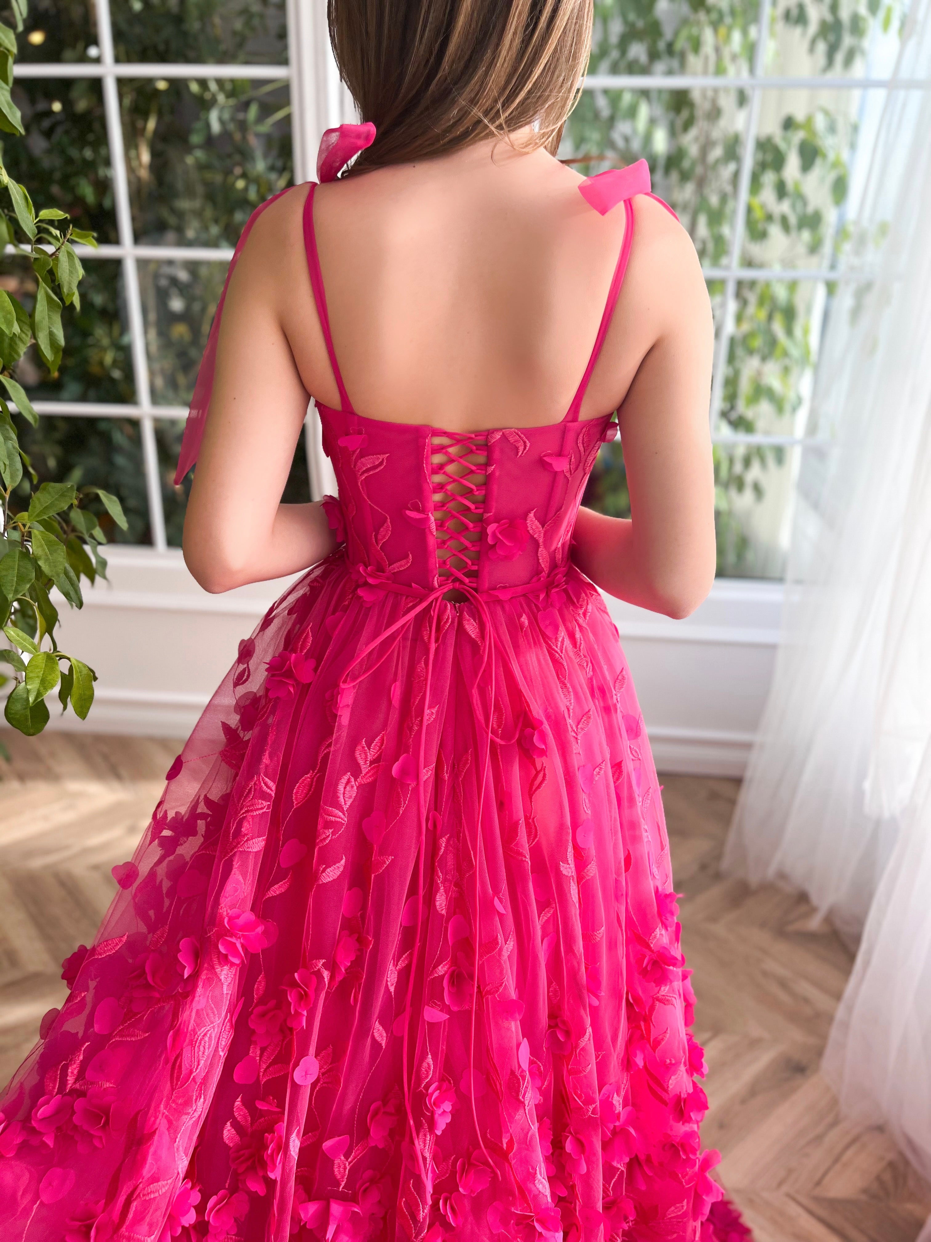 Pink A-Line dress with embroidery and bow straps