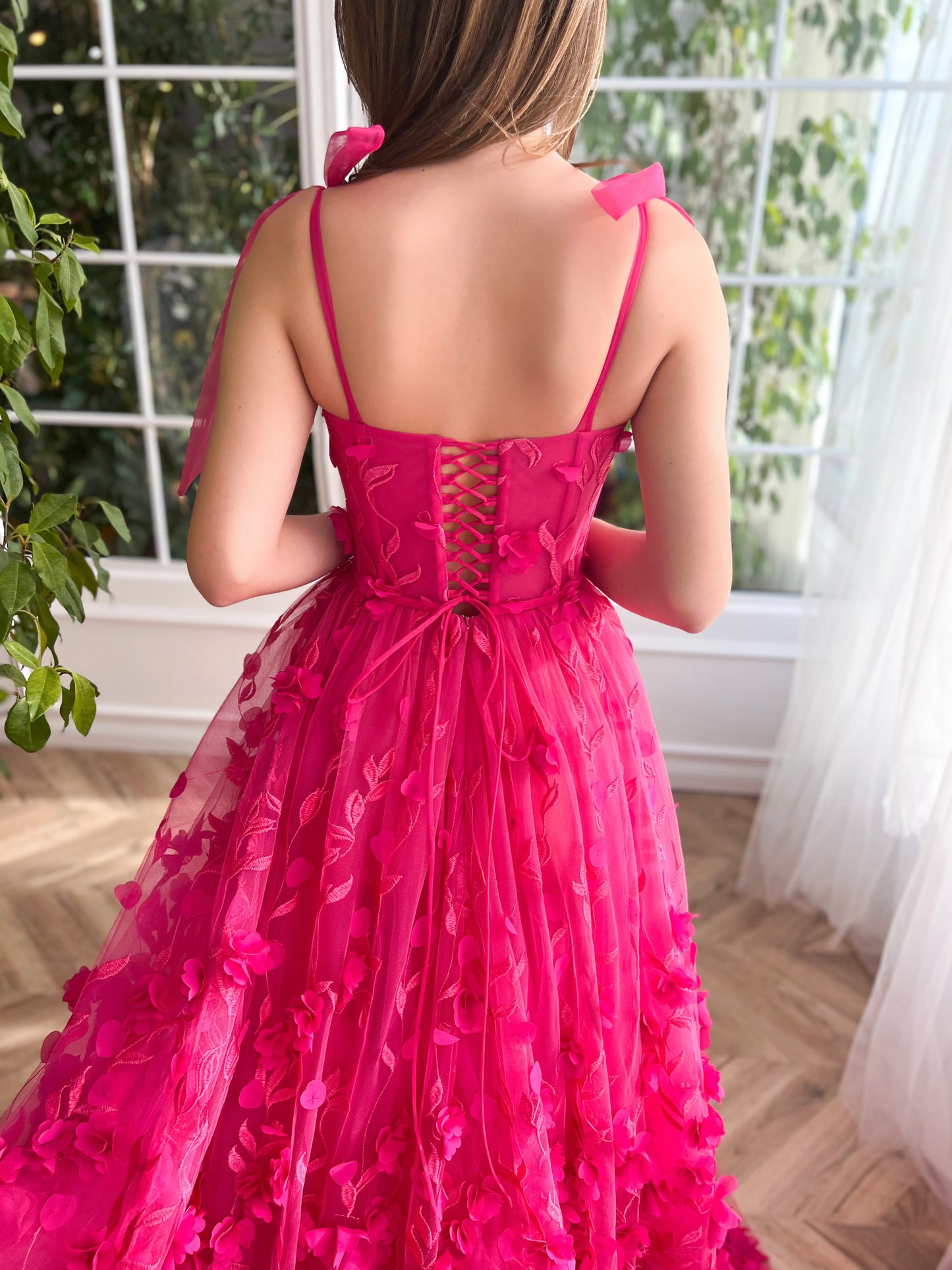 Pink A-Line dress with embroidery and bow straps