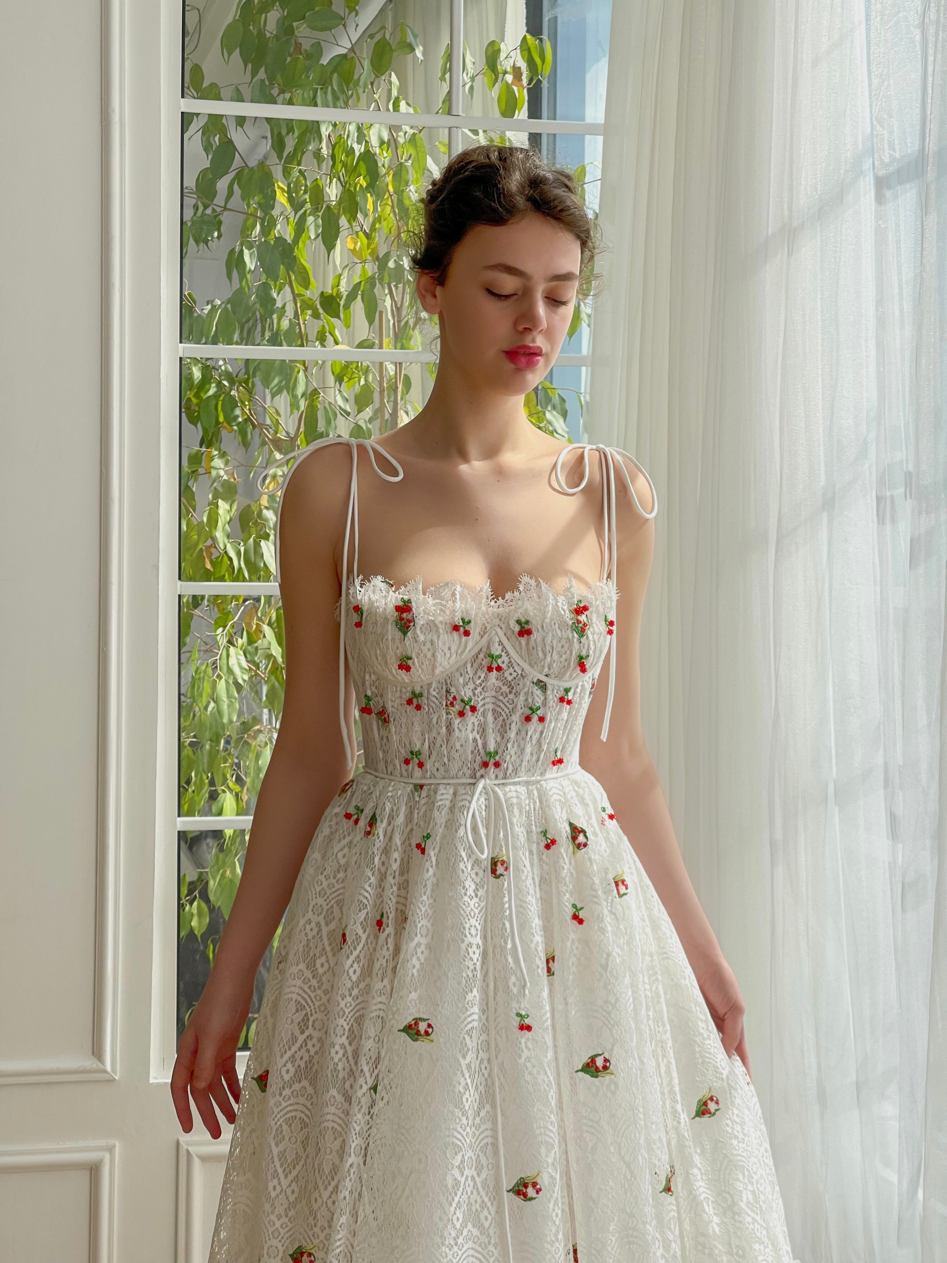 White midi bridal dress with spaghetti straps and embroidered cherries