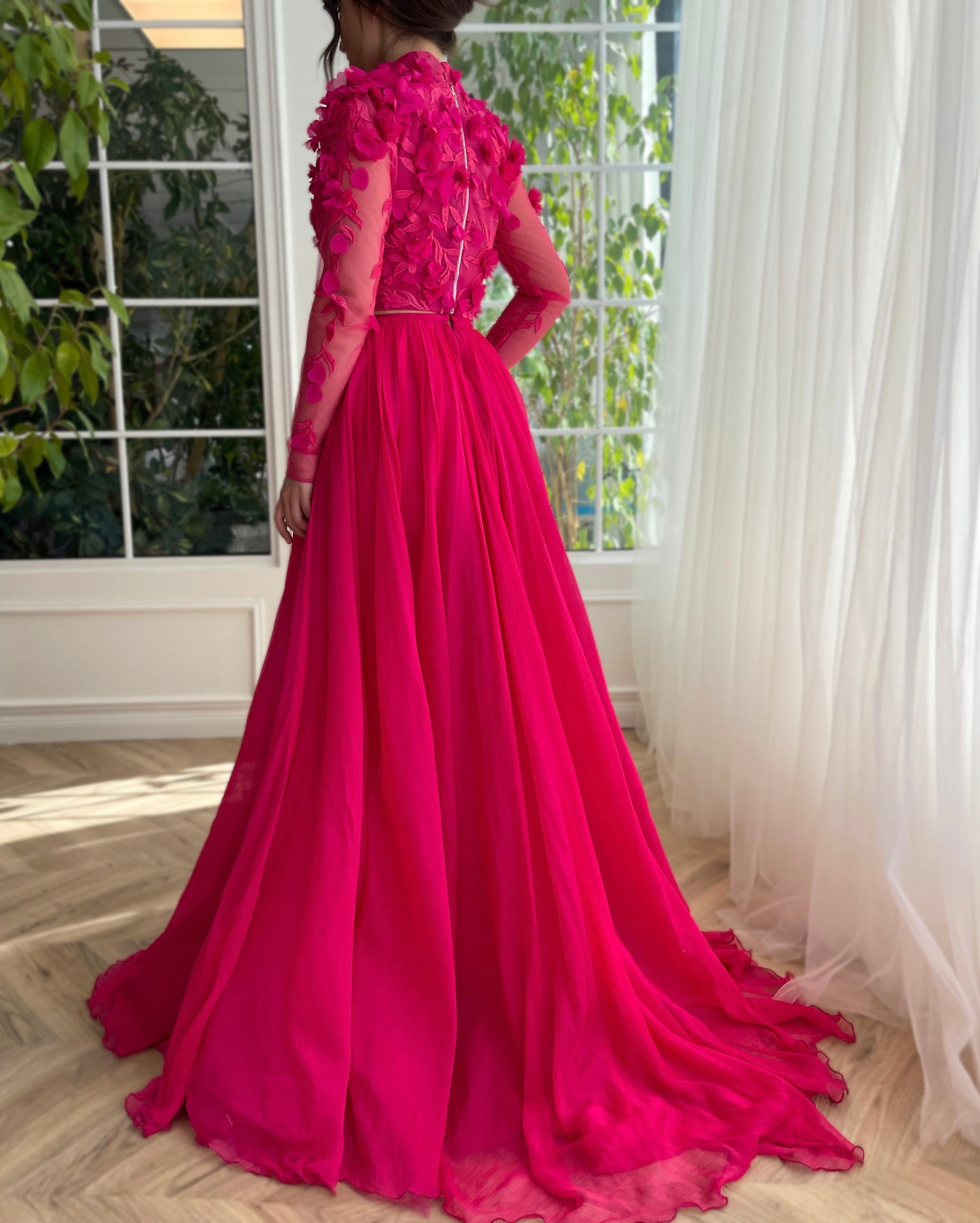 Pink two piece dress with embroidery and long sleeves