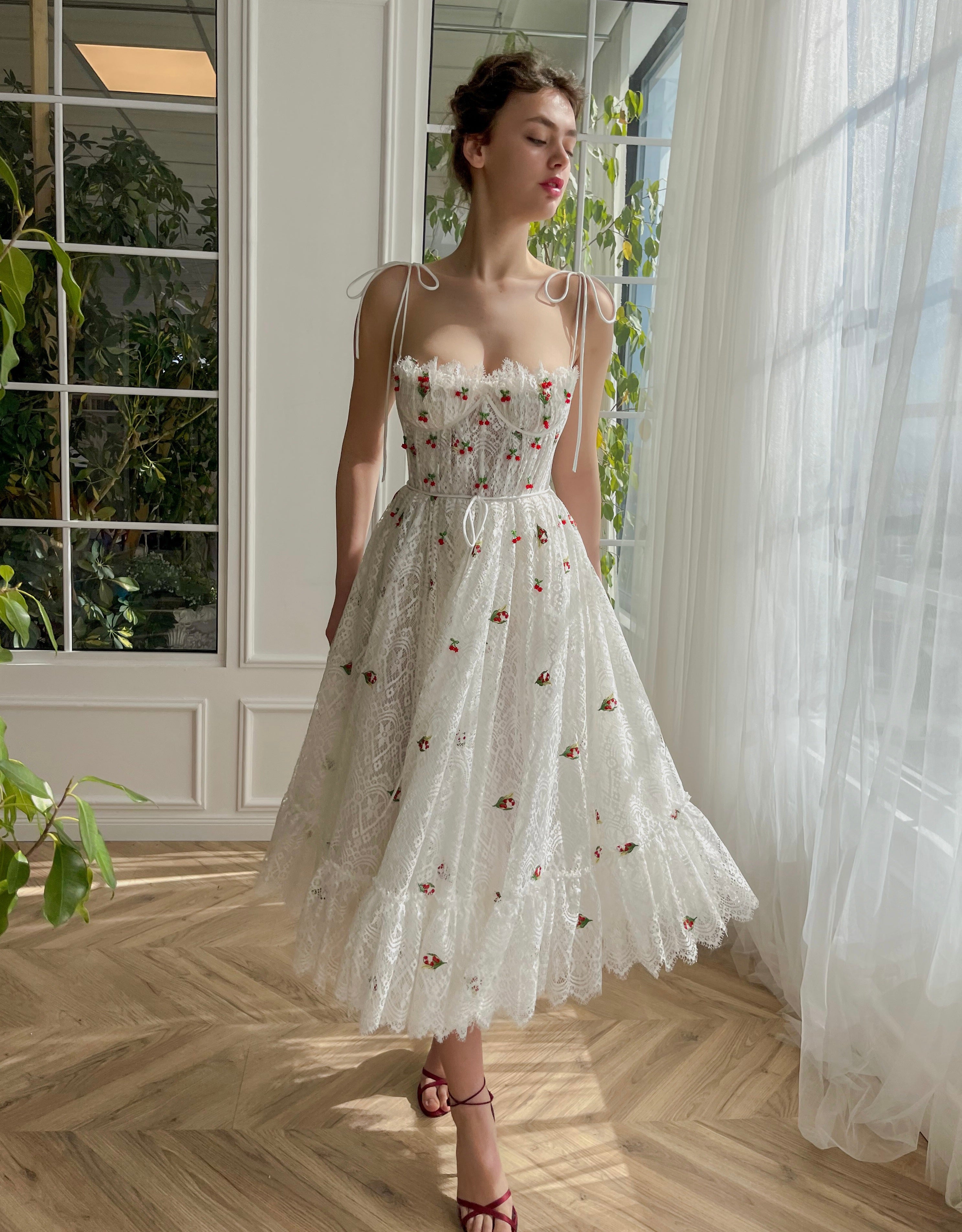 White midi bridal dress with spaghetti straps and embroidered cherries