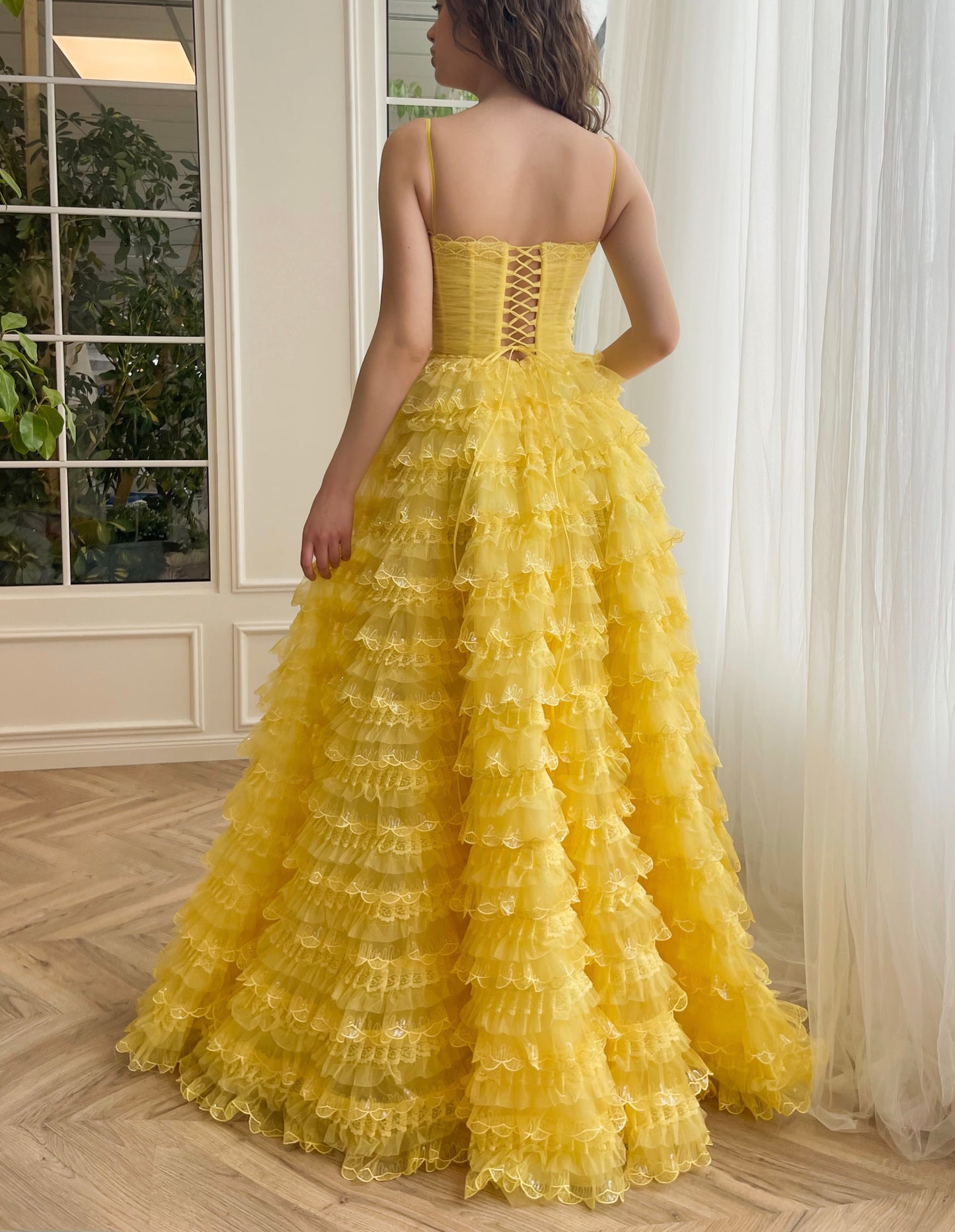 Yellow A-Line dress with spaghetti straps