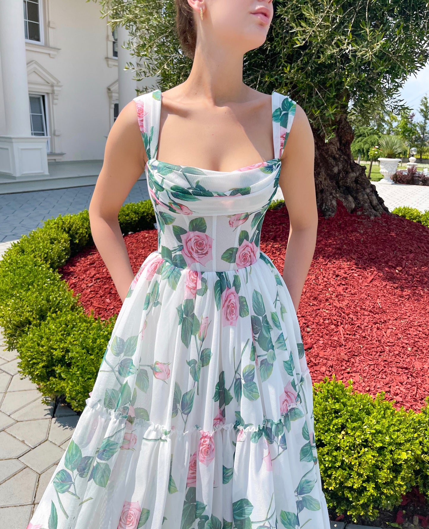 White A-Line dress with straps and printed flowers