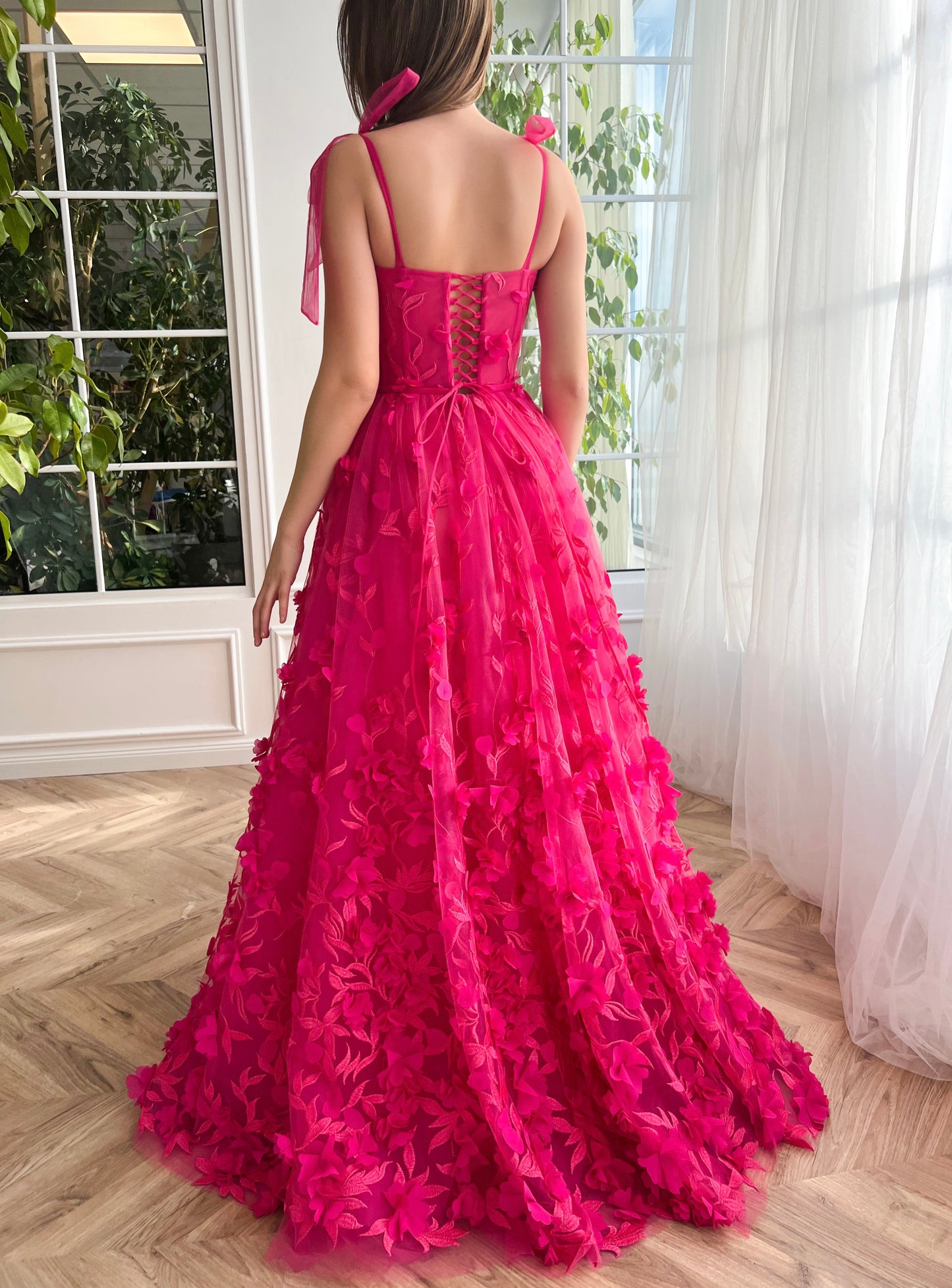 Pink A-Line dress with embroidery and bow straps