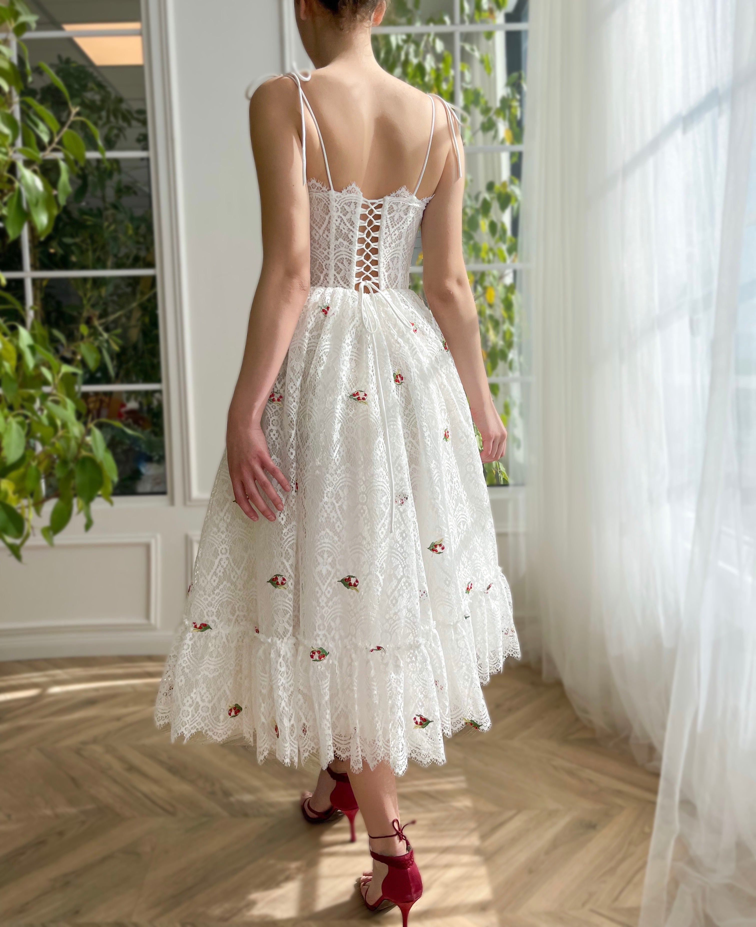 White midi bridal dress with spaghetti straps and embroidered cherries