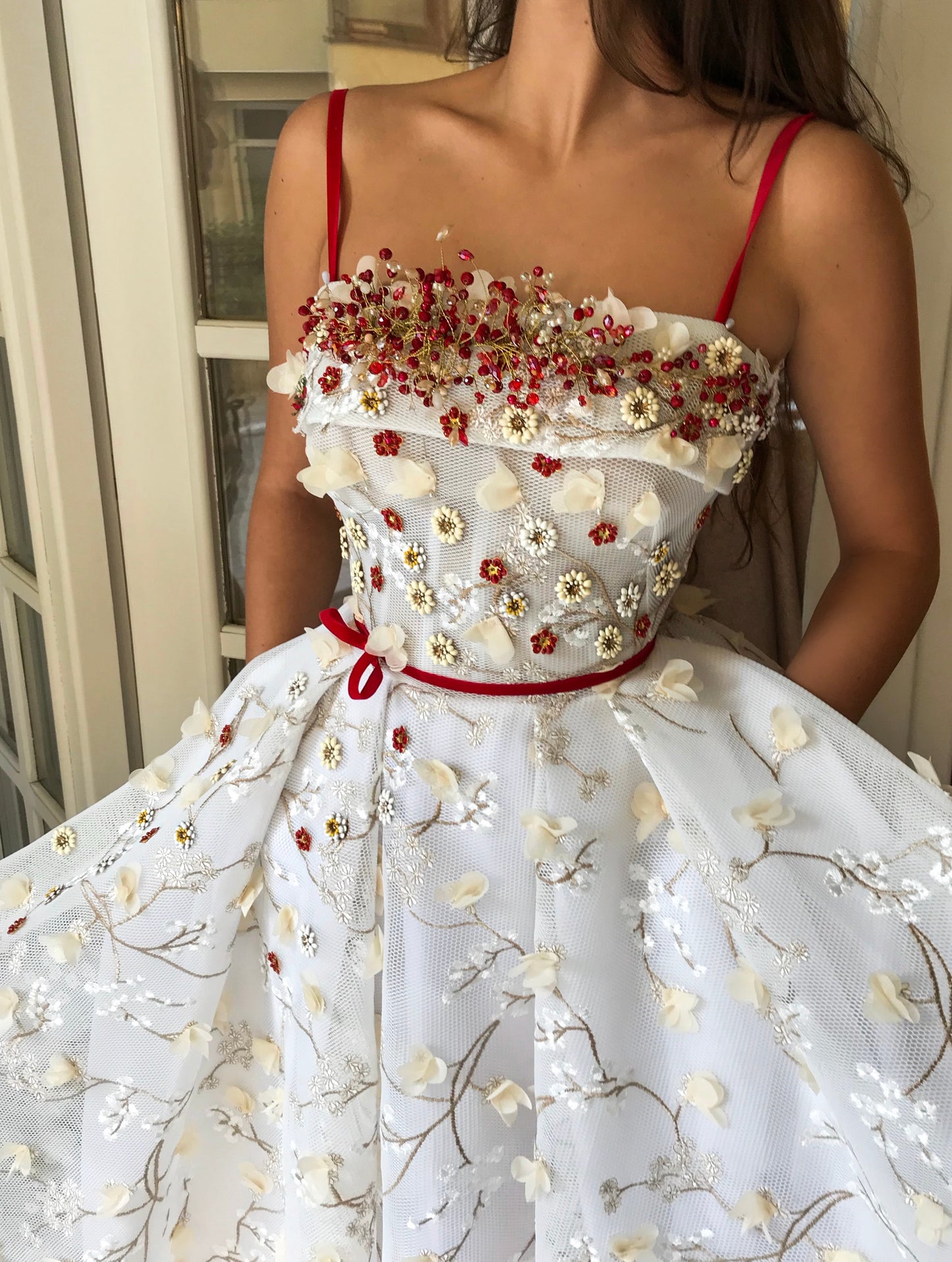 White A-Line dress with spaghetti straps and embroidery