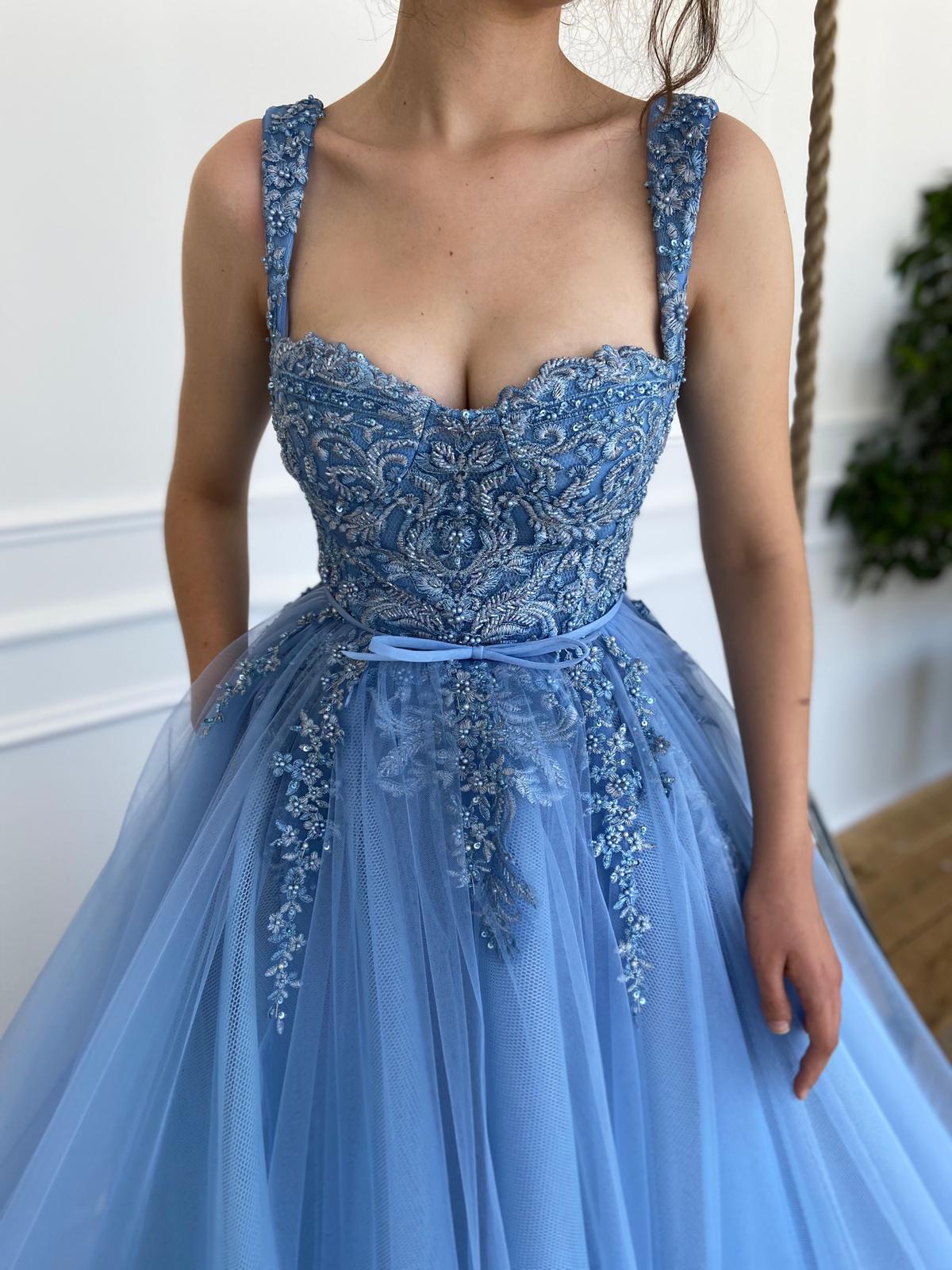 Blue A-Line dress with straps and embroidery