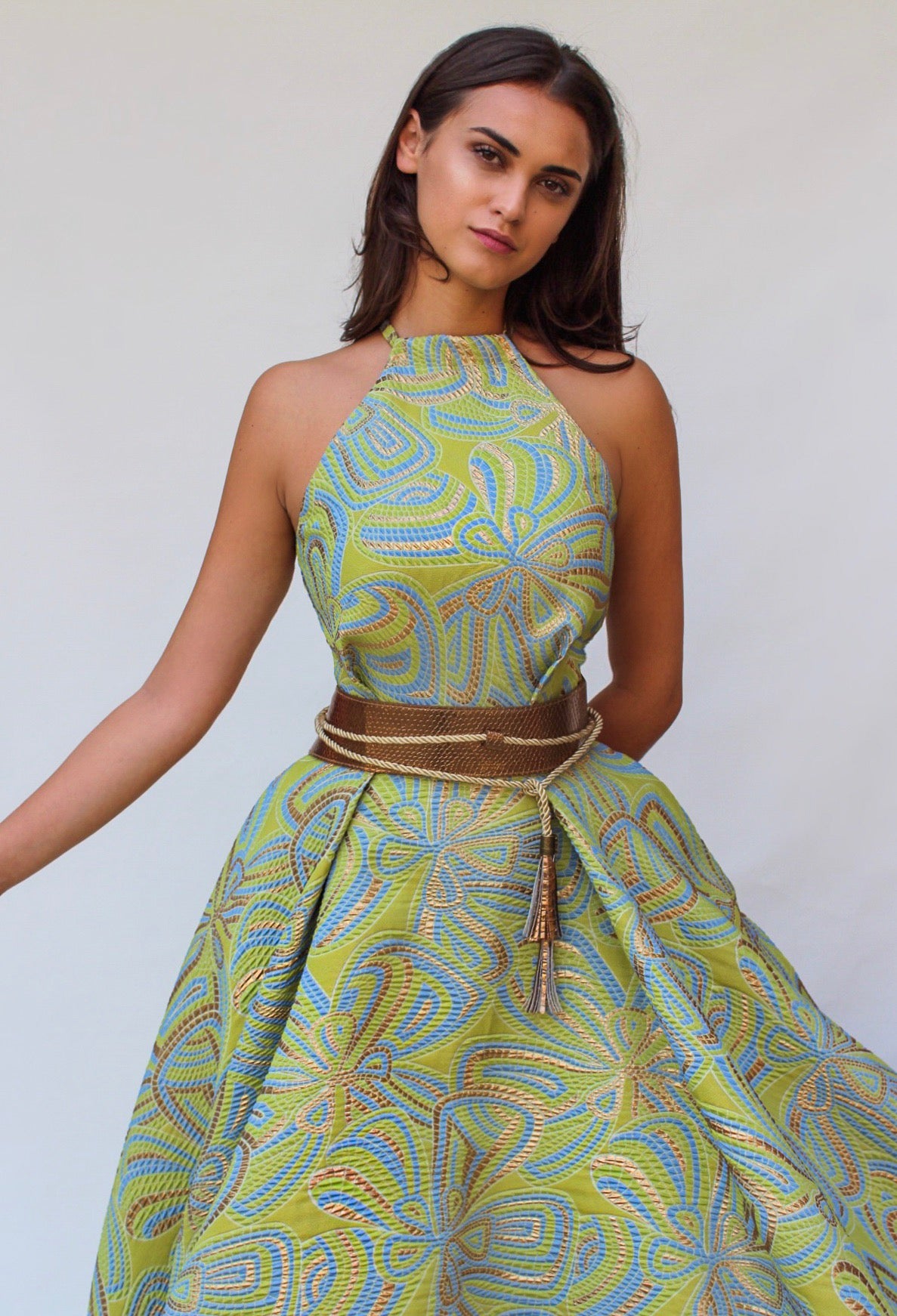 Green A-Line dress with no sleeves