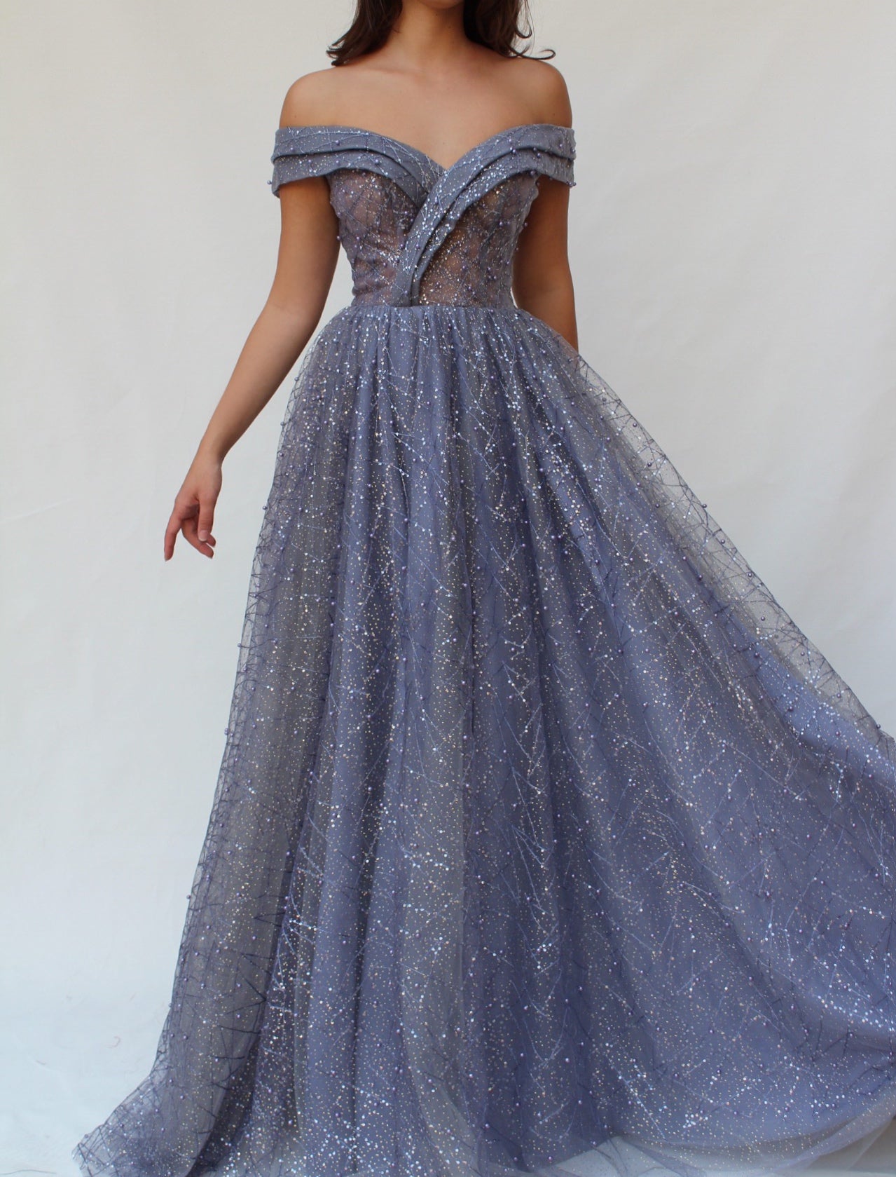 Grey A-Line dress with off the shoulder sleeves
