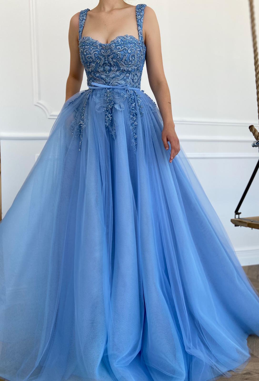 Blue A-Line dress with straps and embroidery