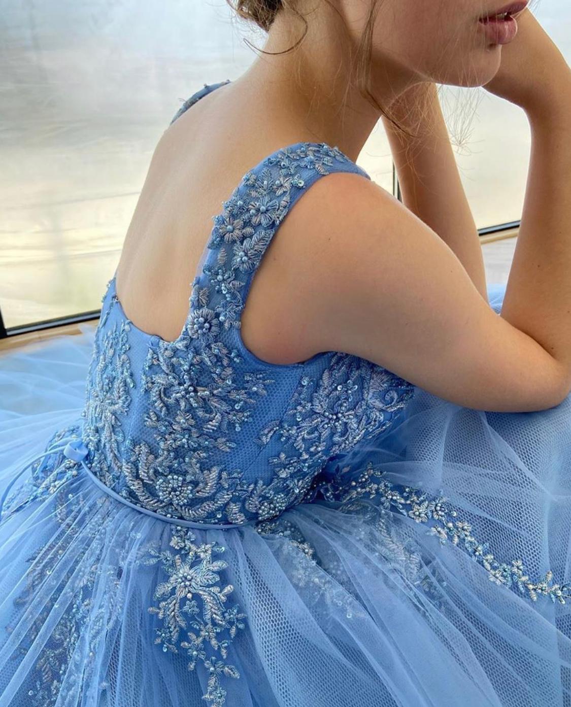 Blue A-Line dress with straps and embroidery