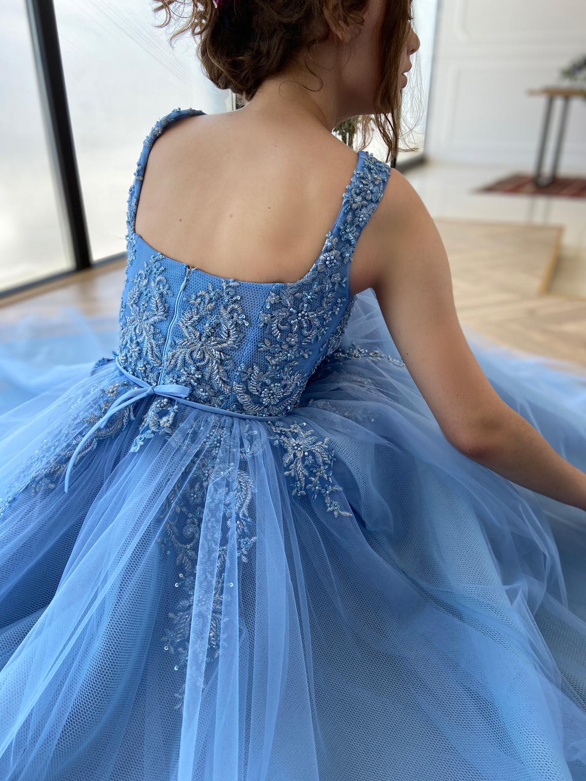 Blue A-Line dress with straps and embroidery
