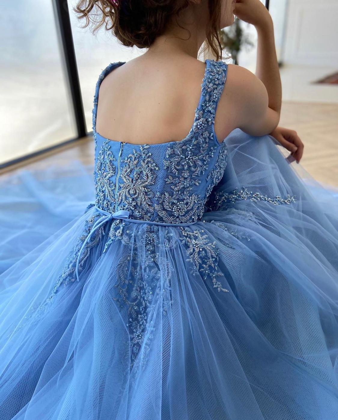 Blue A-Line dress with straps and embroidery