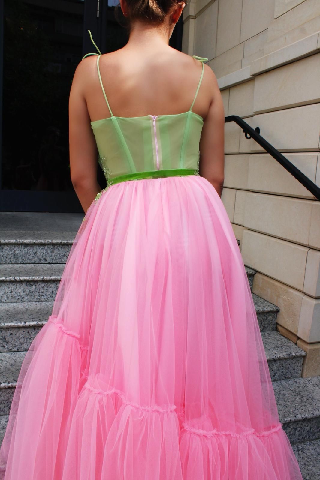 Pink or green A-Line dress with spaghetti straps and embroidery