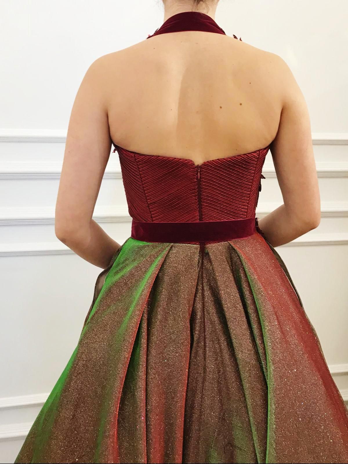 Red A-Line dress with spaghetti straps and embroidery