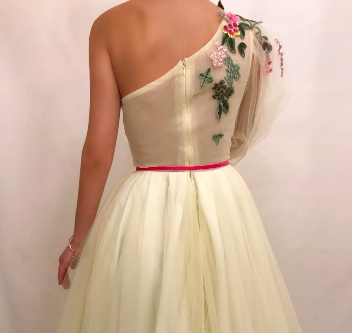 Beige A-Line dress with one long sleeve and embroidery