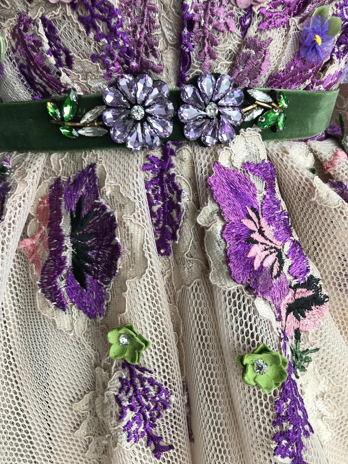 Beige A-Line dress with v-neck, long sleeves and embroidery