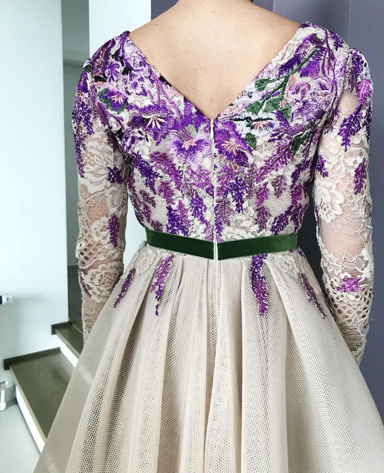 Beige A-Line dress with v-neck, long sleeves and embroidery
