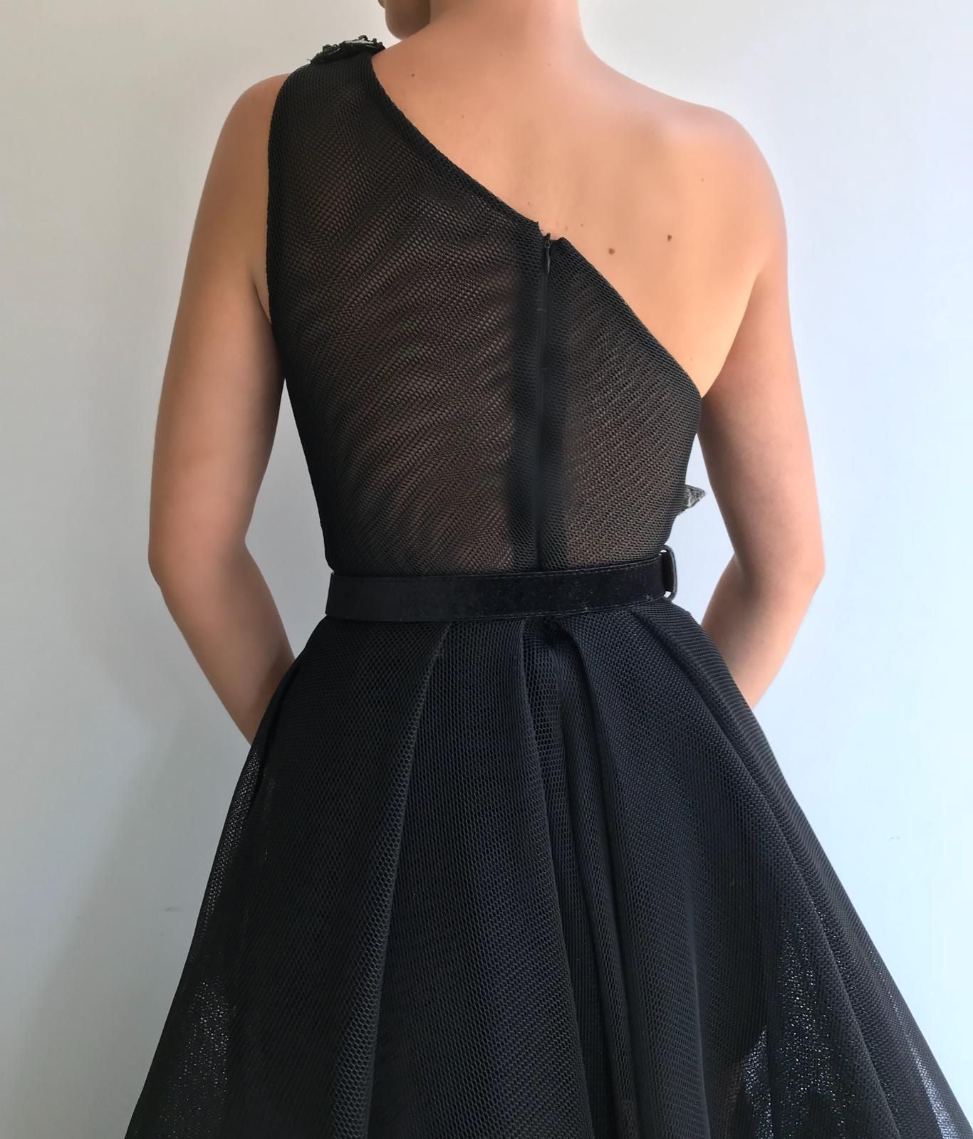 Black A-Line dress with one shoulder sleeve, belt and embroidered butterflies