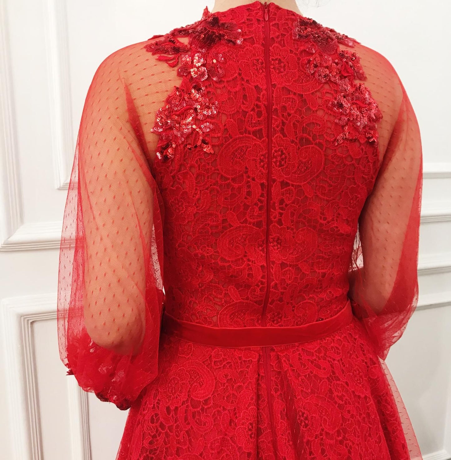 Red A-Line dress with long sleeves and embroidery