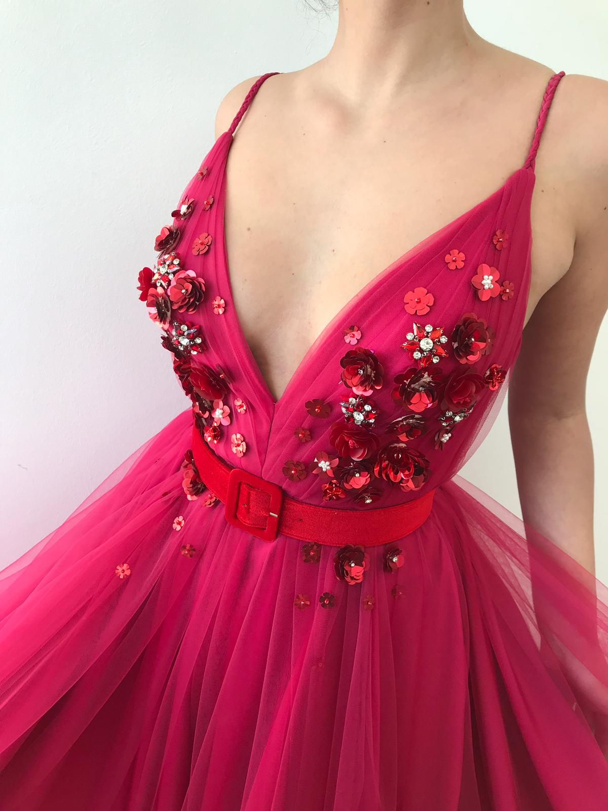 Pink A-Line dress with belt, spaghetti straps, v-neck and embroidery