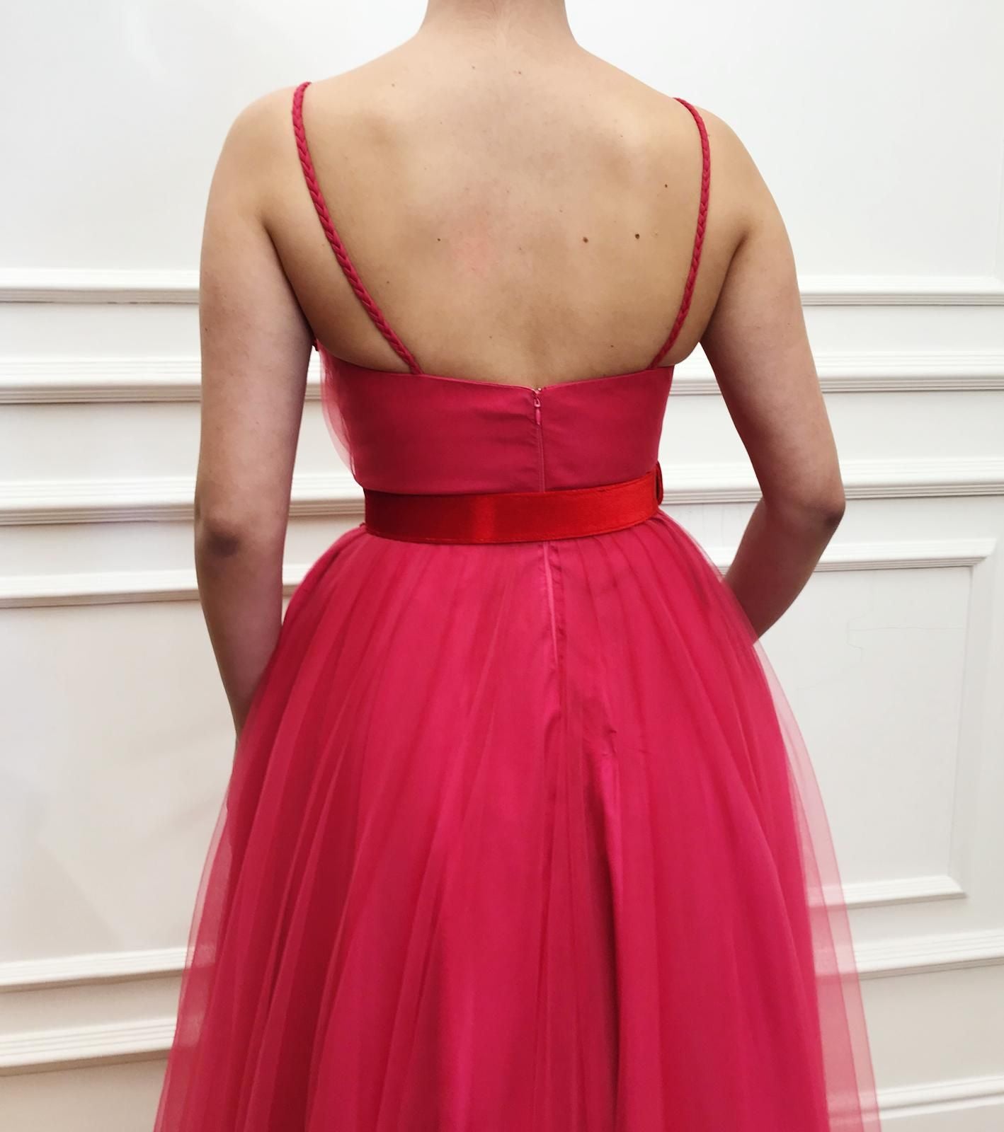 Pink A-Line dress with belt, spaghetti straps, v-neck and embroidery