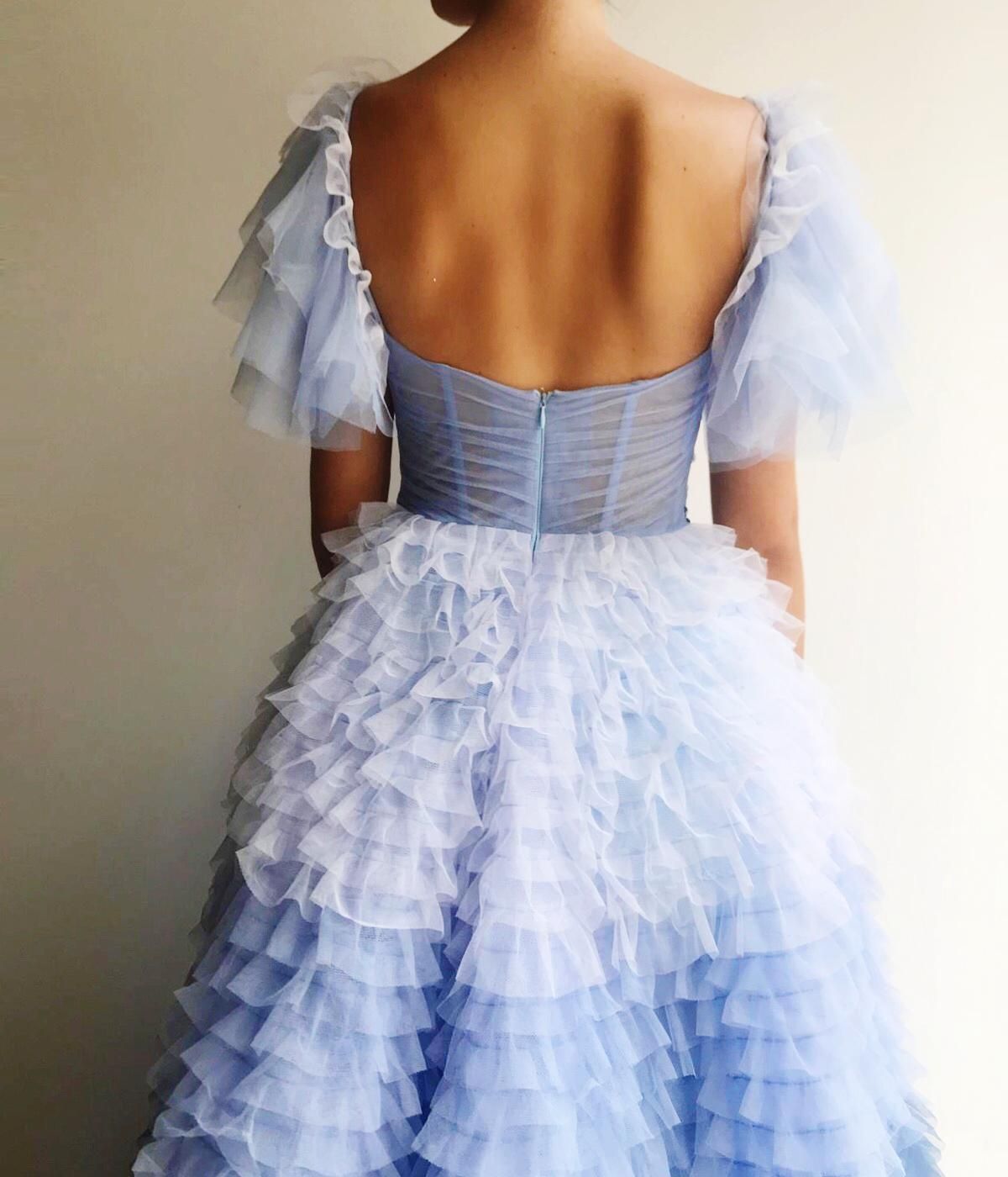 Blue A-Line dress with no sleeves and embroidery