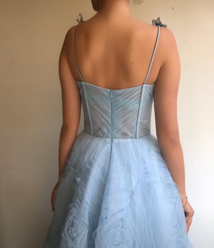 Blue A-Line dress with spaghetti straps and embroidery