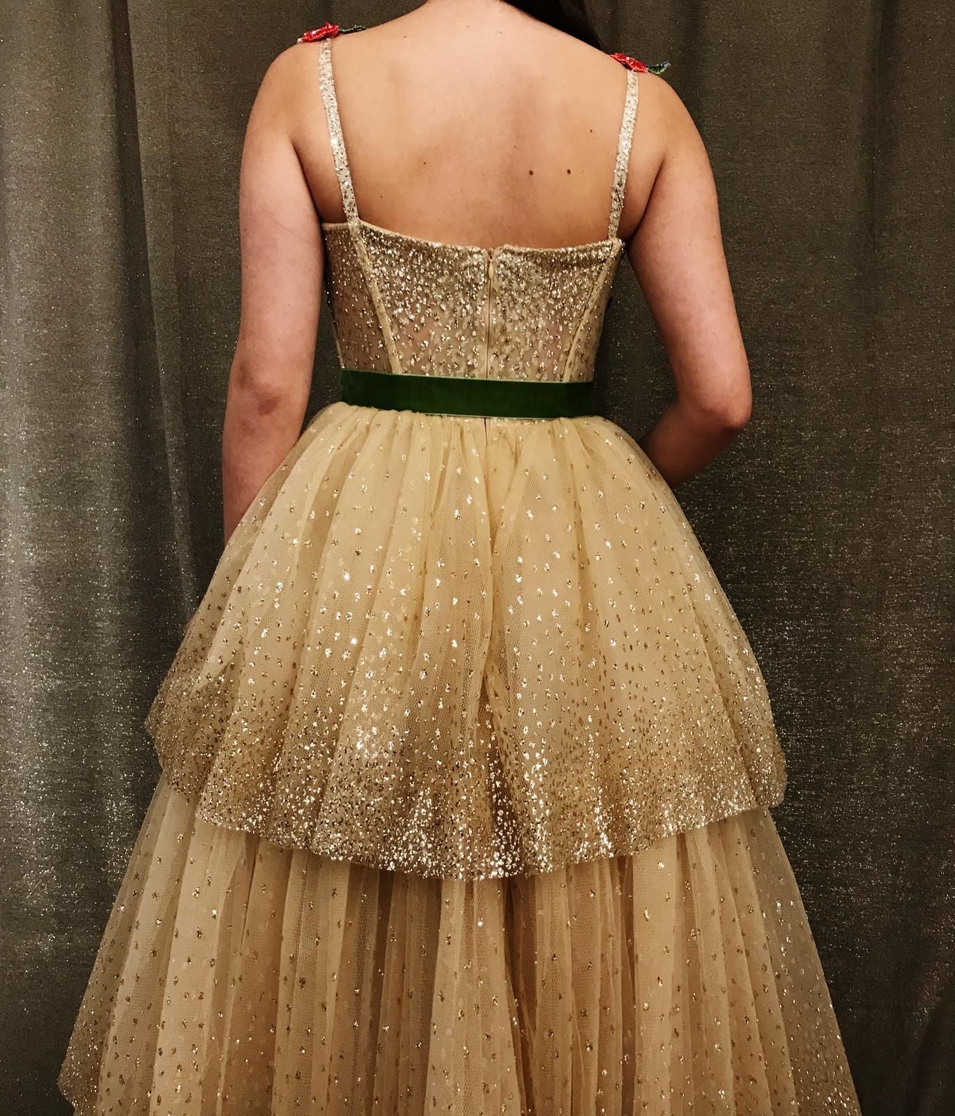Beige A-Line dress with spaghetti straps and embroidery