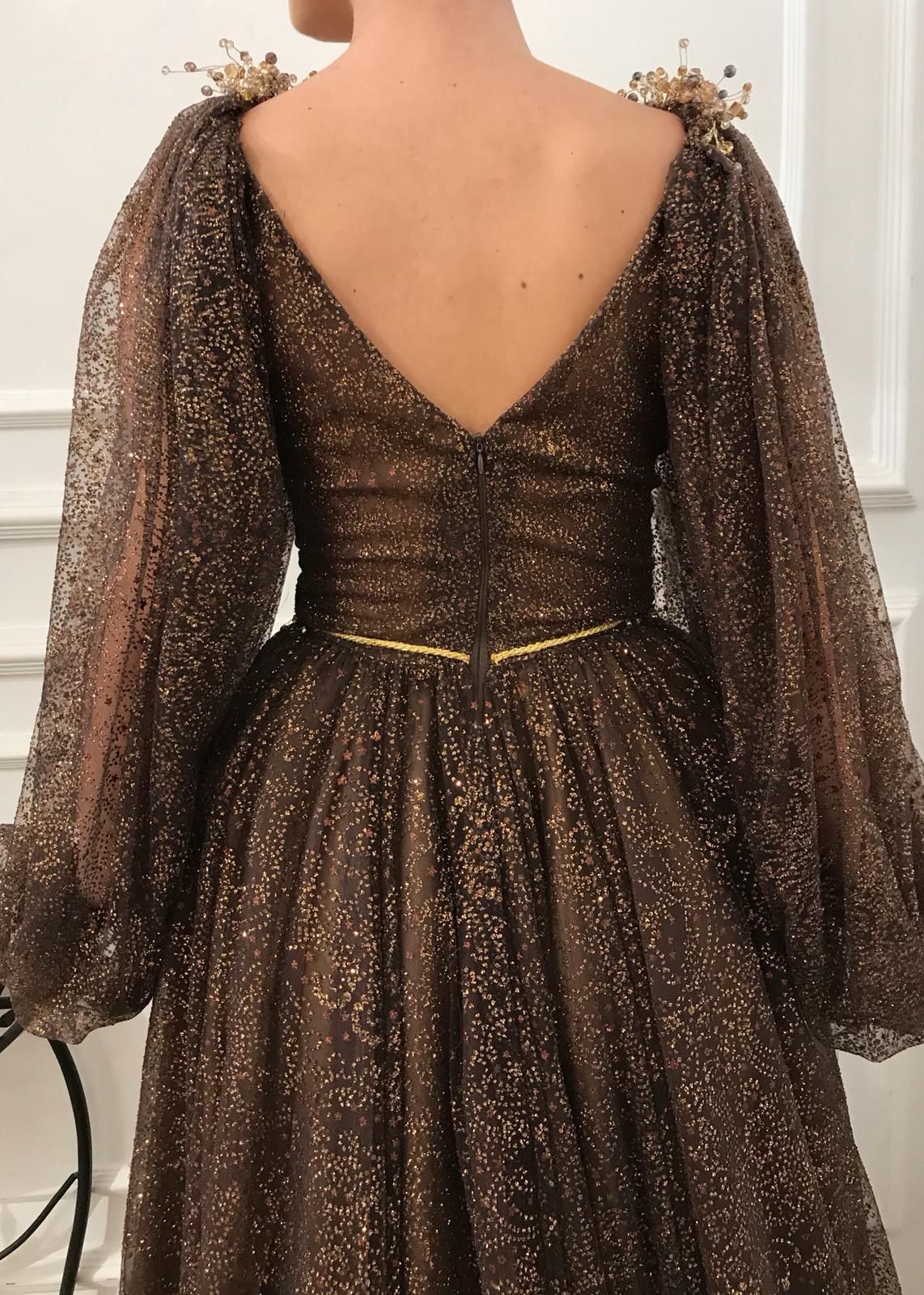 Brown A-Line dress with sleeves, v-neck and embroidery