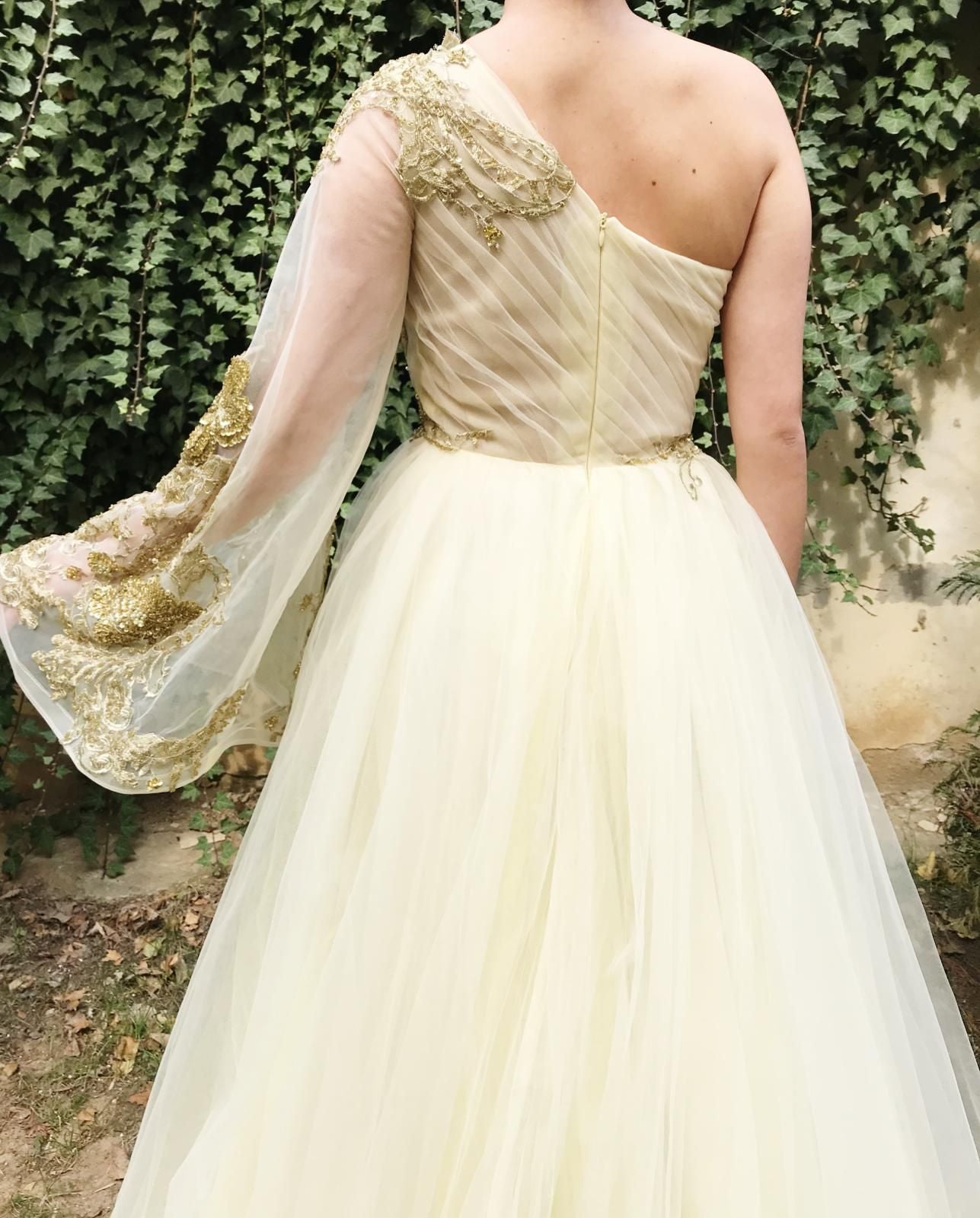 Beige A-Line dress with one shoulder sleeve and embroidery