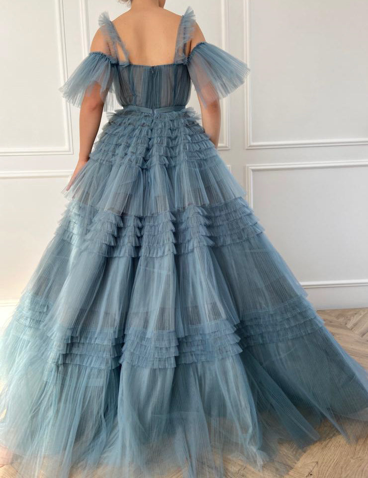 Blue A-Line dress with straps, off the shoulder sleeves and ruffles
