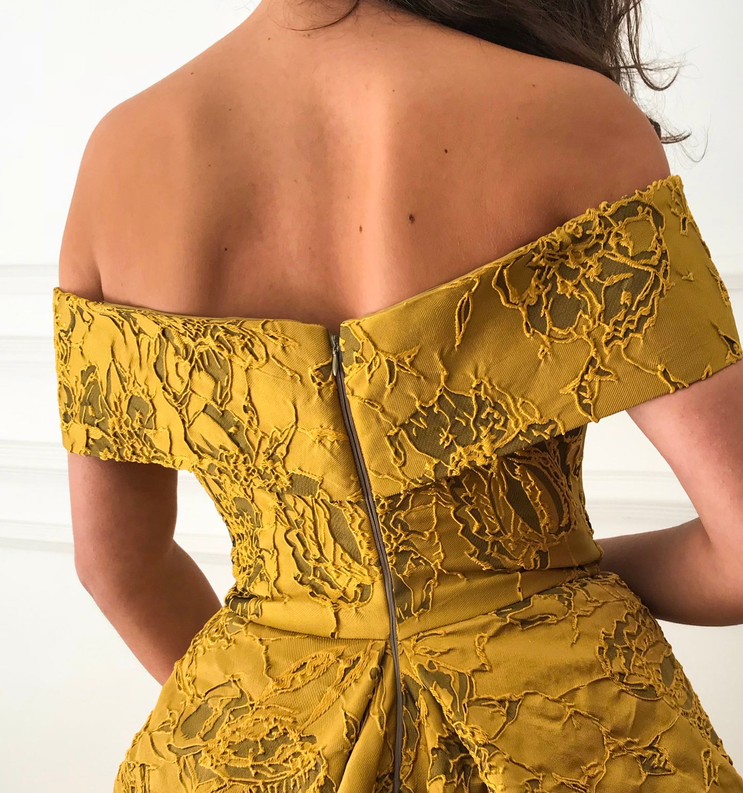 Yellow A-Line dress with off the shoulder sleeves