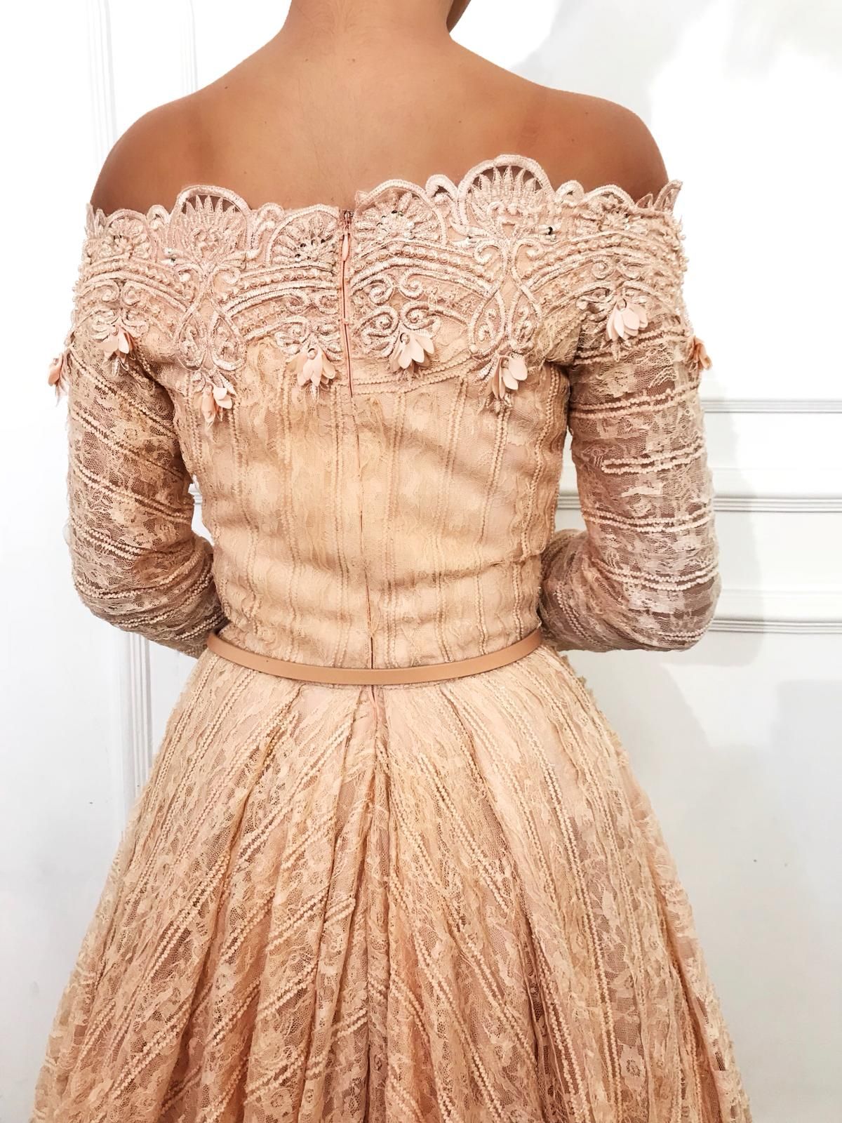 Pink A-Line dress with long off the shoulder sleeves and embroidery
