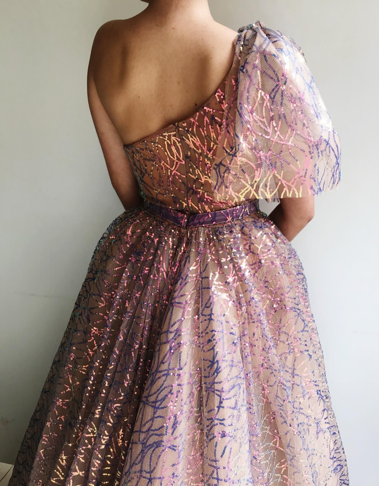 Pink overskirt dress with one shoulder sleeve