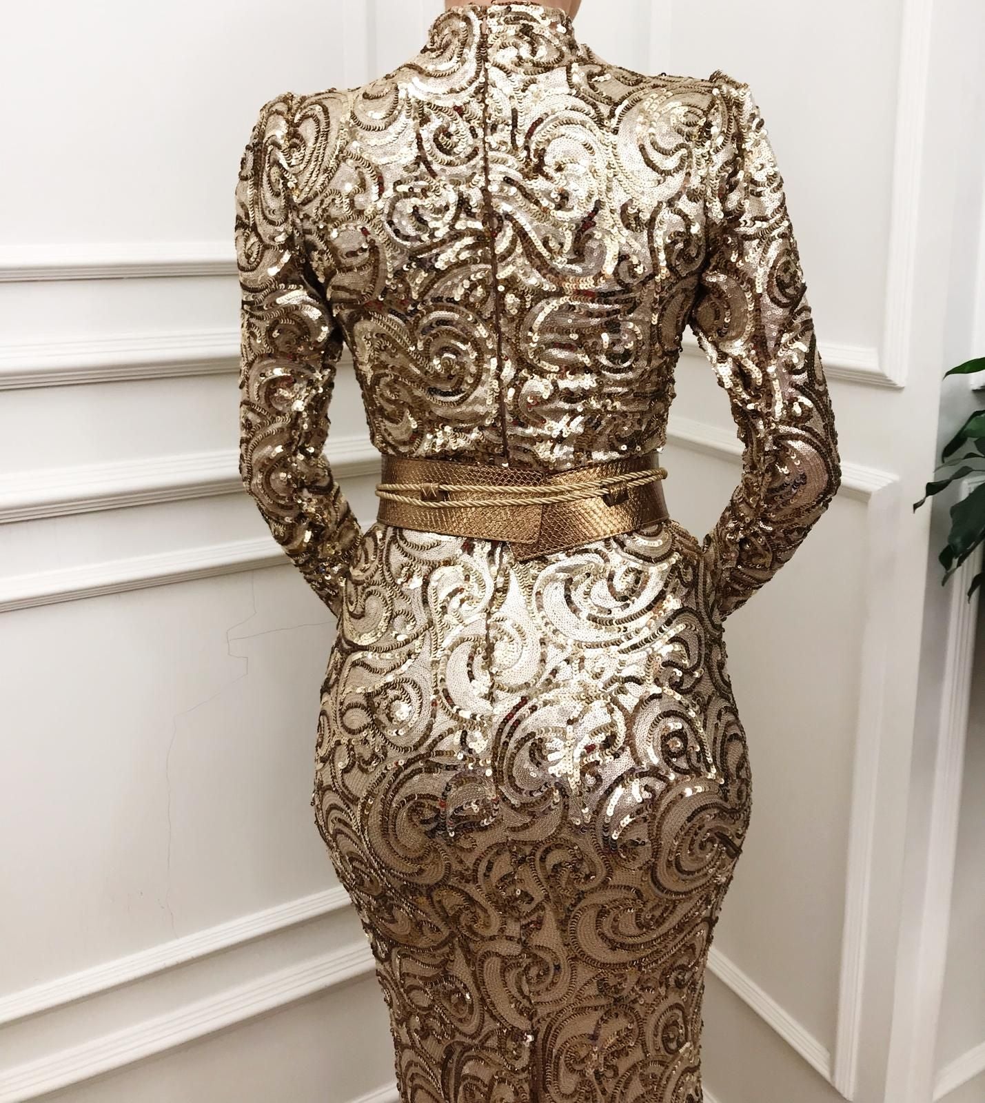Gold mermaid dress with long sleeves