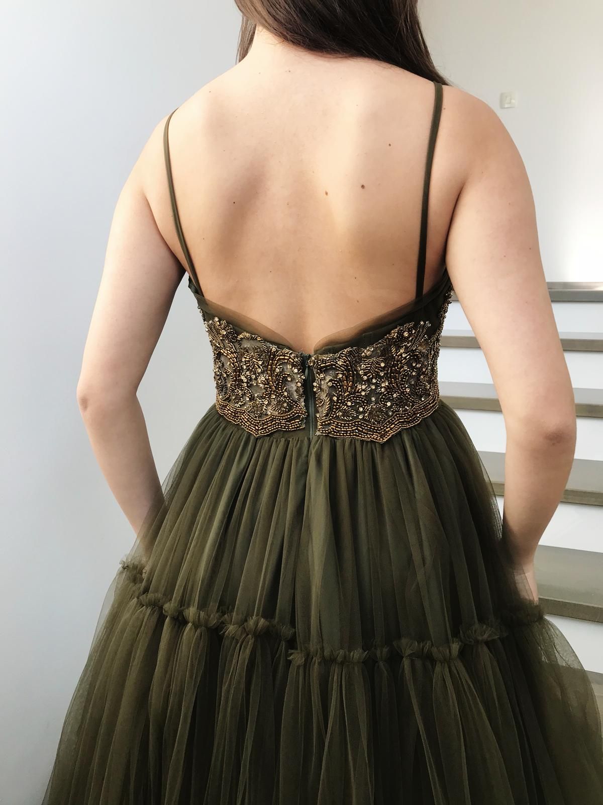 Green A-Line dress with spaghetti straps and embroidery