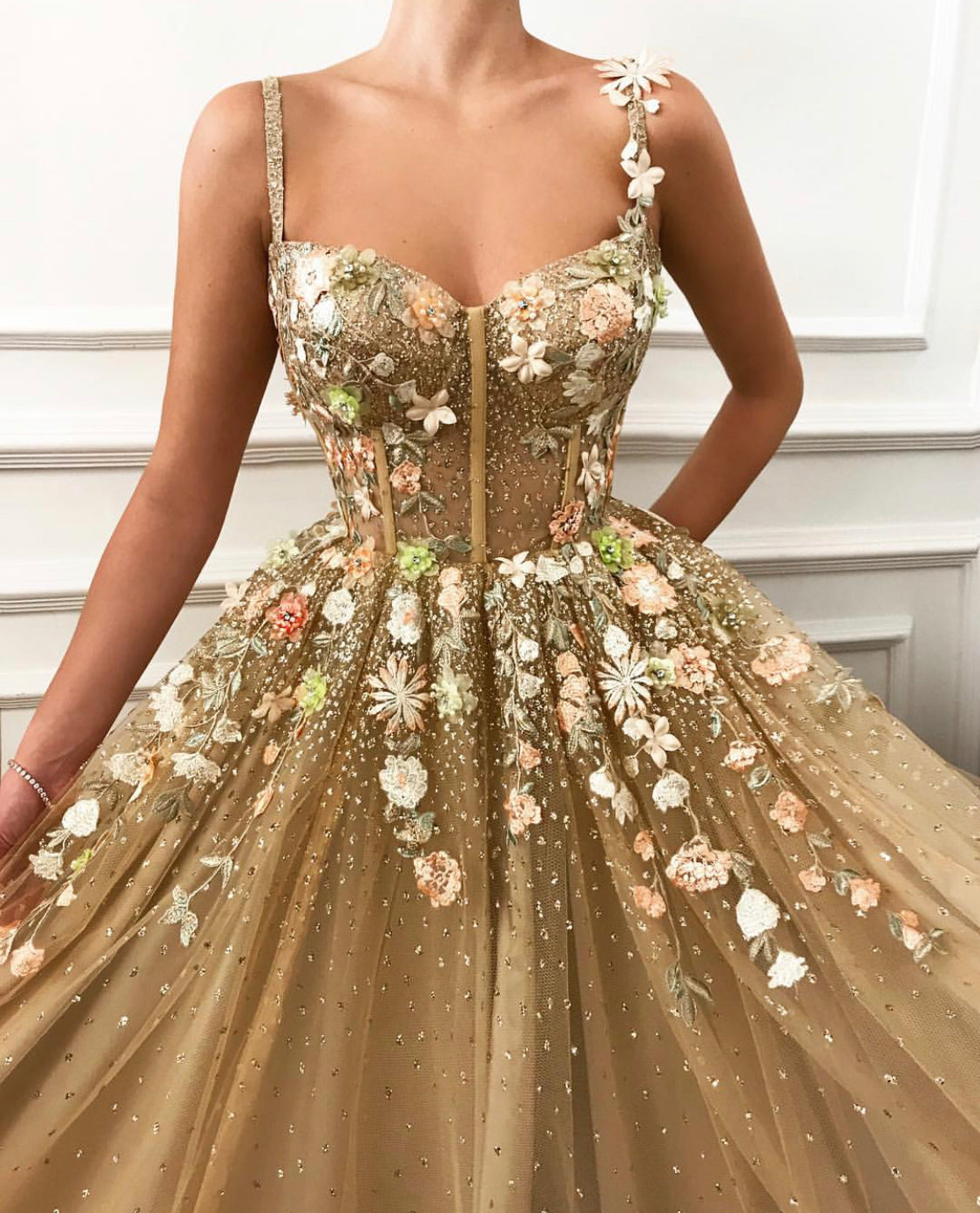 Brown A-Line dress with spaghetti straps and embroidery